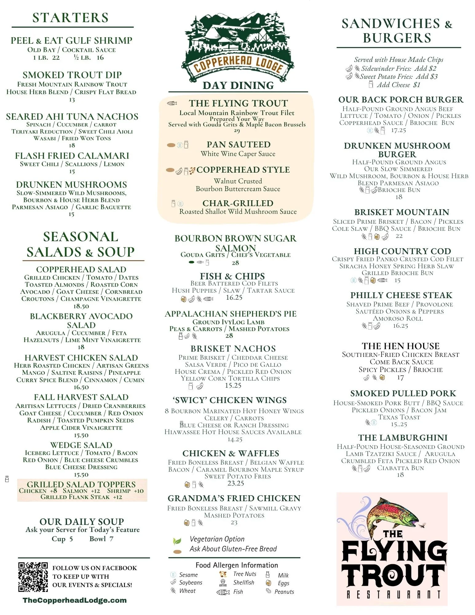 Menu from Copperhead Lodge restaurant featuring starters, salads, soups, day dining, and various main dishes. The menu includes seafood, meats, and vegetarian options with prices listed.