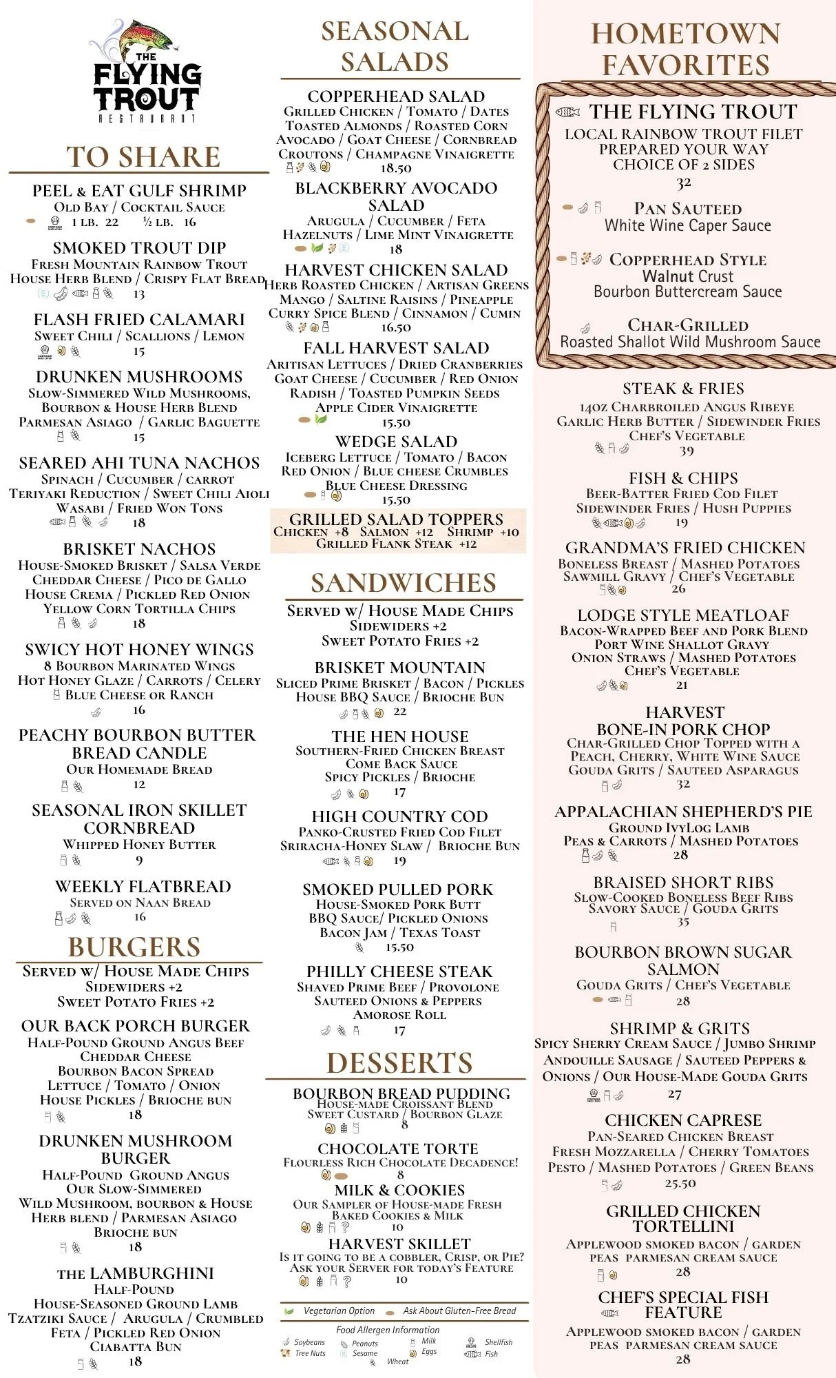 Menu featuring seasonal salads, shareable appetizers, burgers, sandwiches, desserts, and main courses at The Flying Trout restaurant. Highlights include blueberry avocado salad, harvest chicken salad, brikset nachos, peachy bourbon bread pudding, Philly cheese steak, grilled chicken tortellini, and chef's fish feature.