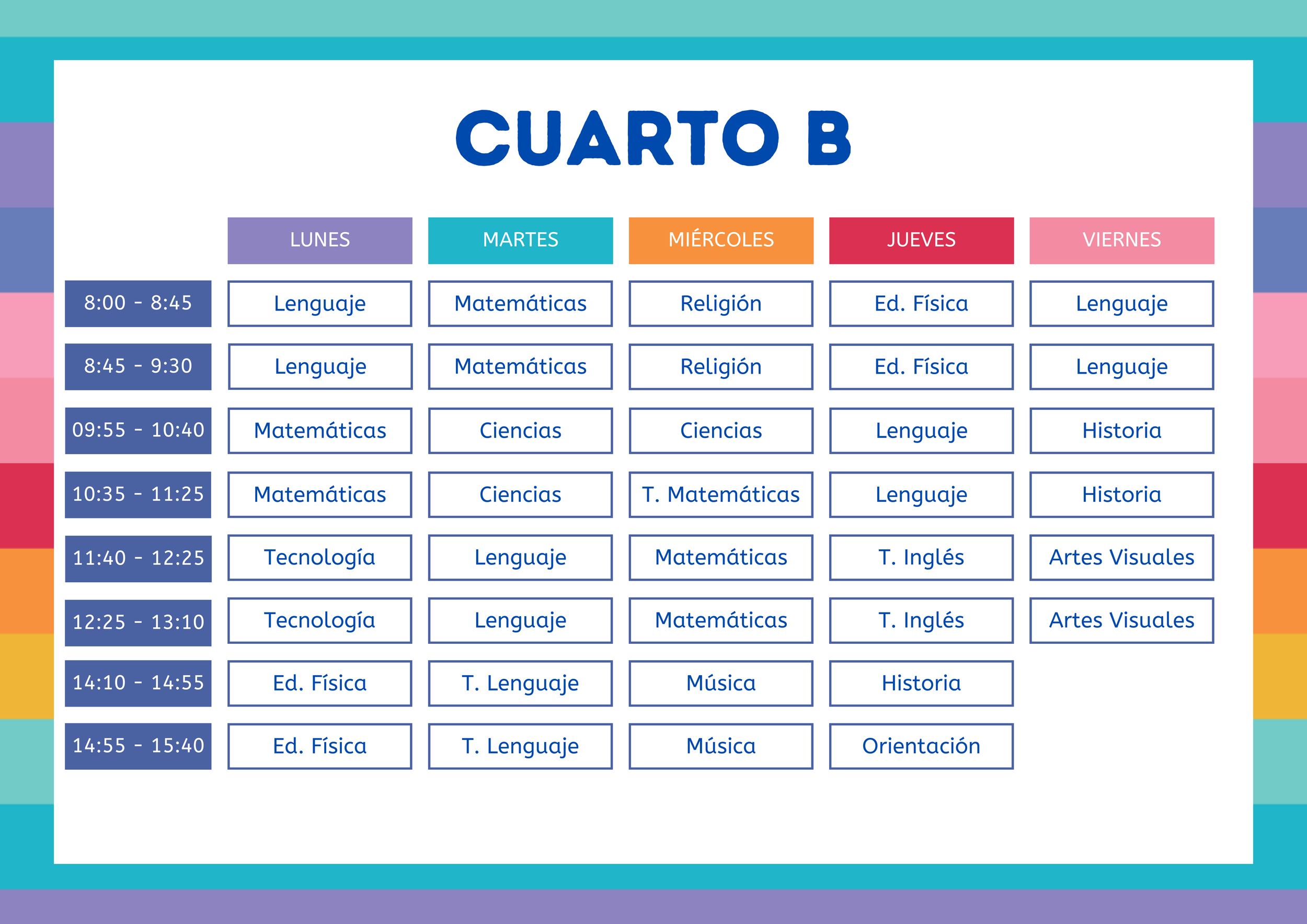 Horario de clases para el salón B en una semana escolar, con asignaturas y horarios en un horario colorido.