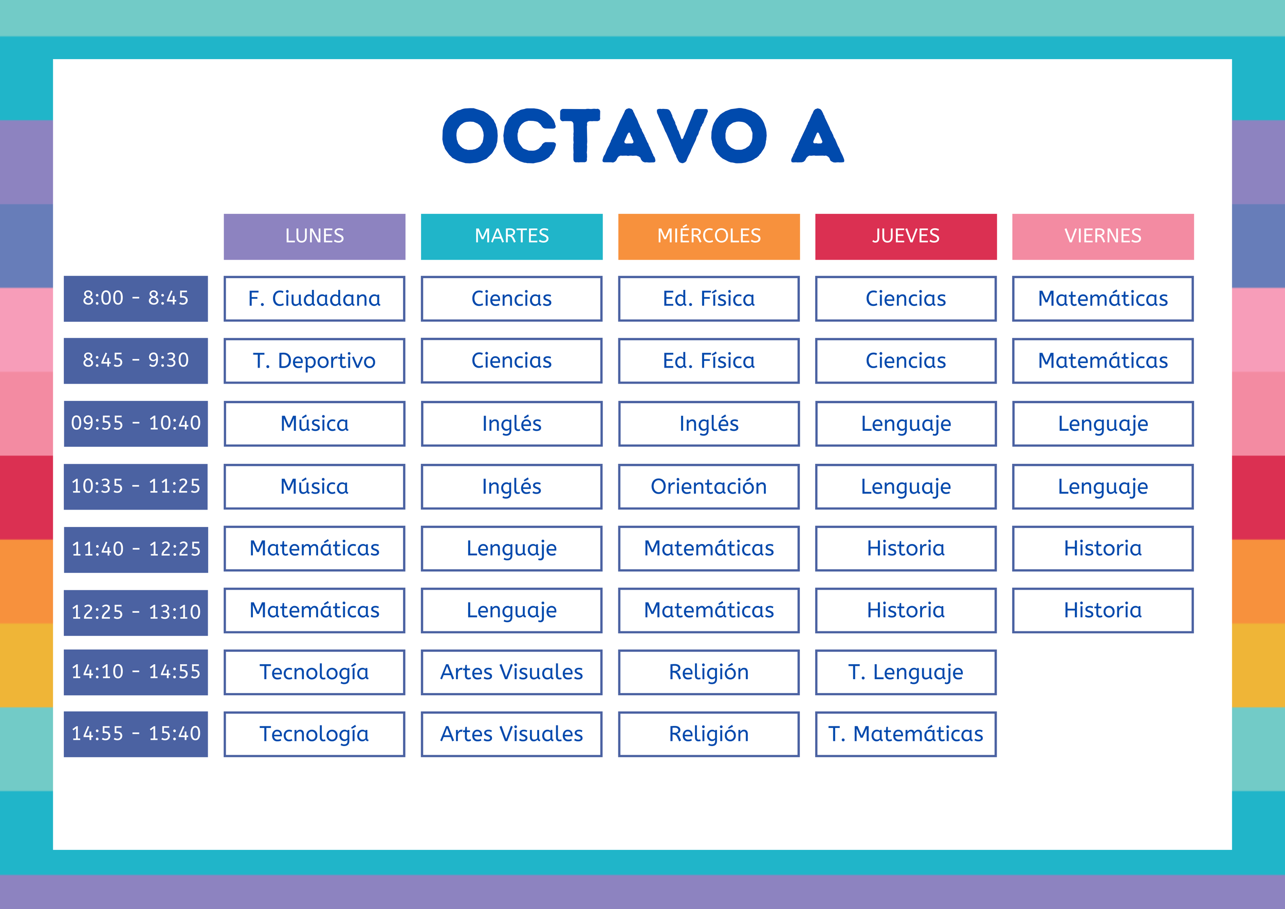 Horario escolar para octavo grado con asignaturas y horarios de lunes a viernes en diferentes colores