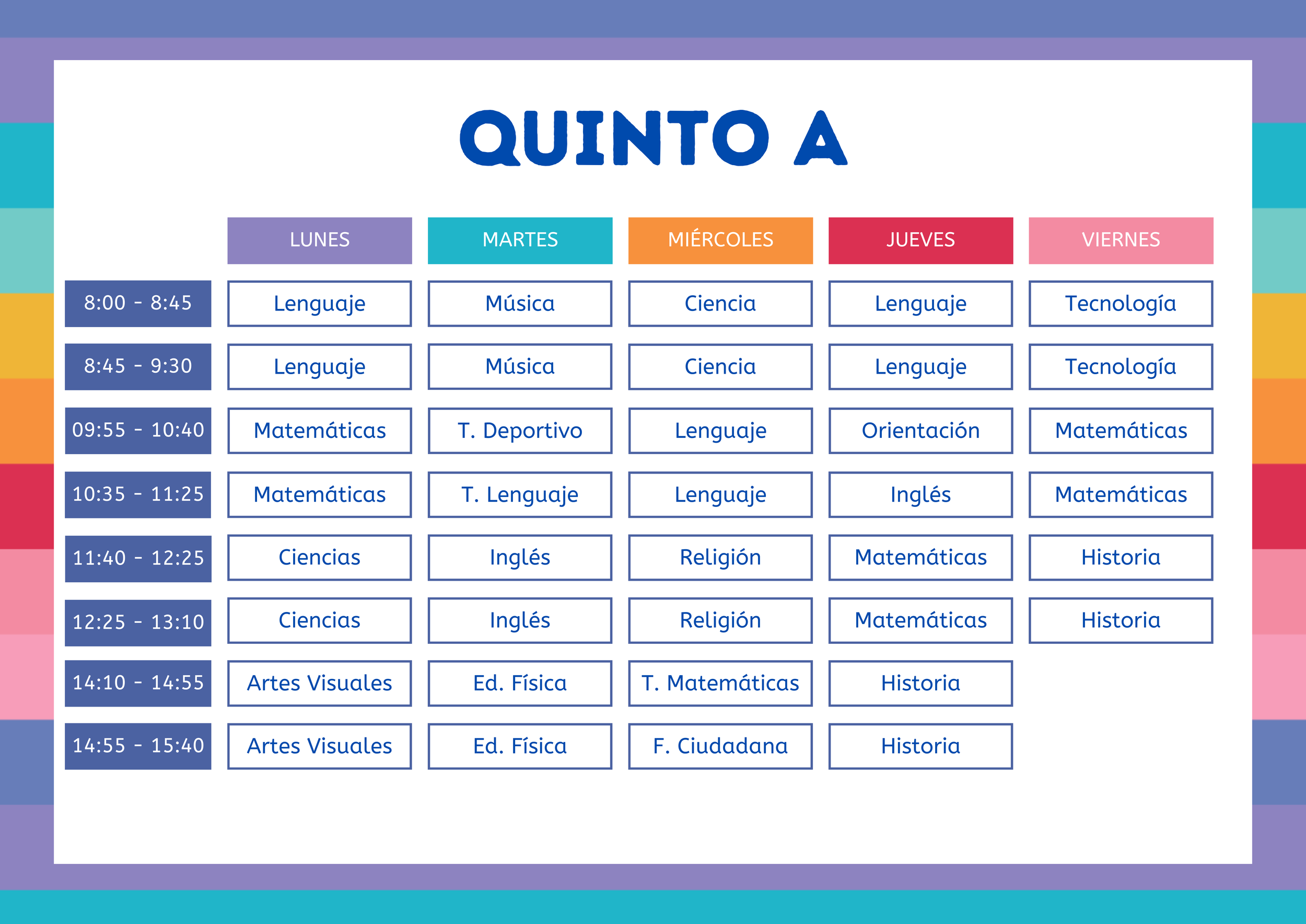 Horario de clases de quinto grado con asignaturas y horas distribuidas en días de la semana, en colores diferentes para cada día.