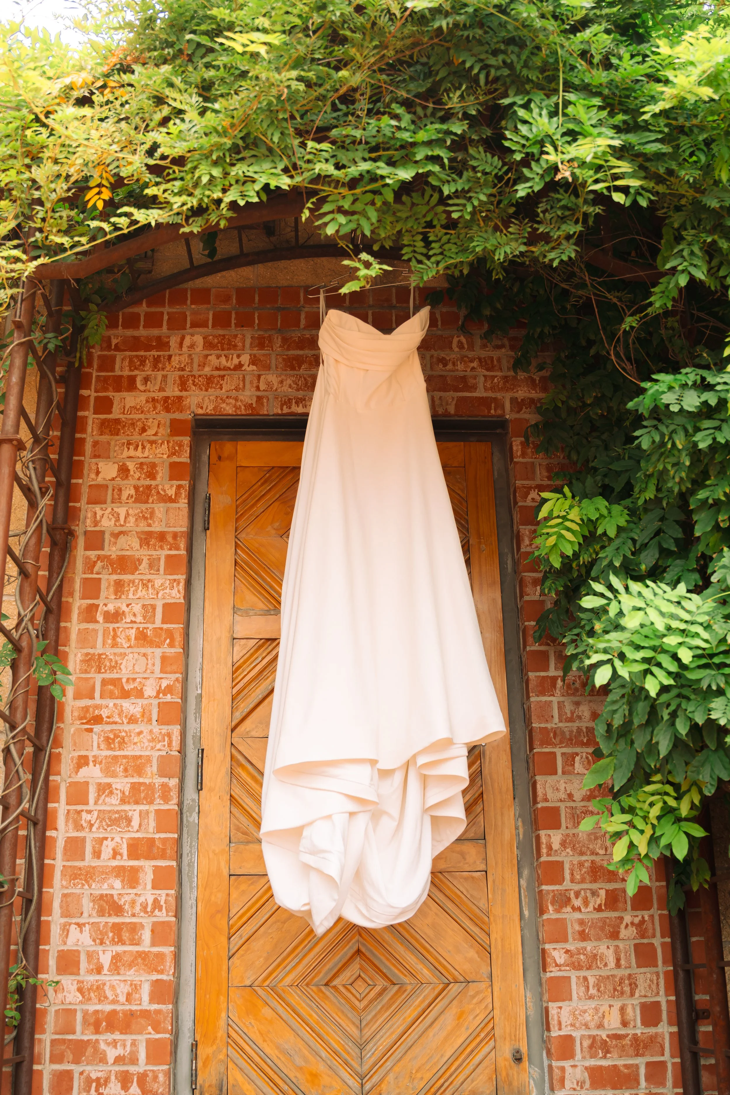 White wedding dress hanging on a hanger in front of a brick wall with a wooden door, surrounded by green leafy vines.