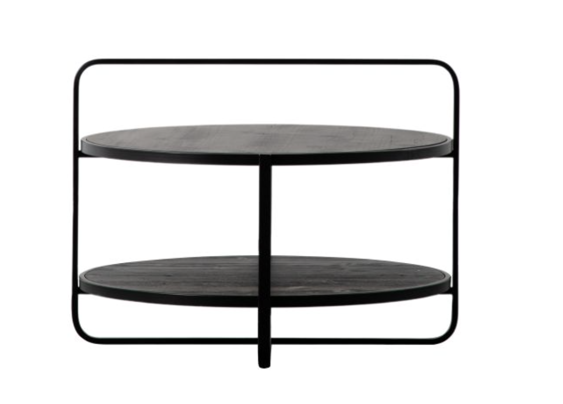 Contemporary coffee table crafted from metal with an antique pewter finish, combined with a natural fir veneer top and shelf in a stunning black finish.
The unusual design features a continuation of one section of the base, up and over the table to