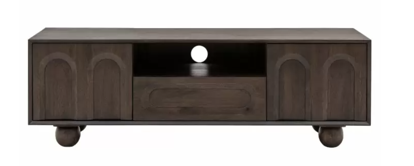 Make a bold style statement and store all of your electronics securely with this fabulous 70s influenced media unit. Made from Mango wood stained to a dark tone to highlight the rich grains, the cupboard doors feature retro inspired relief arch desig