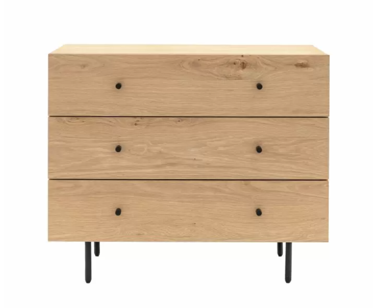Offering a lovely contemporary look, this practical chest of drawers is crafted using oak veneers paired with a black metal underframe and drawer handles. The natural wood veneer, with its unique random knots, has been selected to give a modern rusti