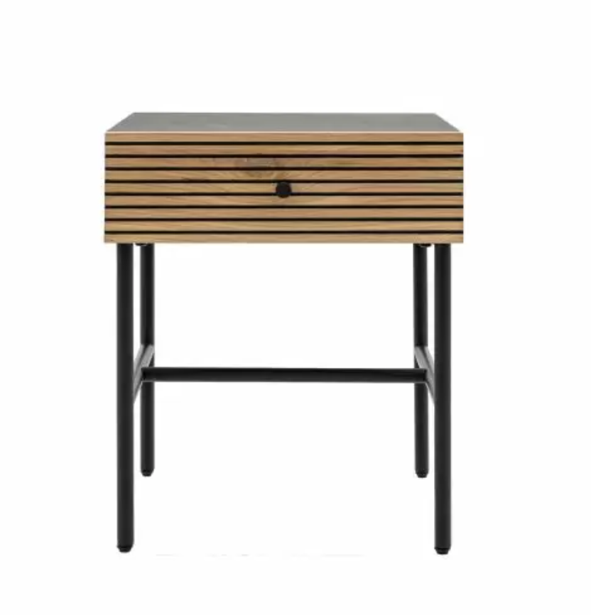 Add a contemporary look to a room with this stylish bedside. The carcase has a black finish with a pressed woodgrain effect to create a premium look. The drawer fascia is real oak woodgrain veneer with a feature black line pattern. A black metal unde