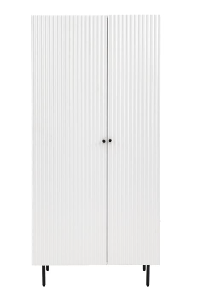 Featuring lovely door fronts with a stylish vertical scalloped design, giving a unique upmarket look, this contemporary wardrobe has a white painted finish. Black metal legs and handles complete the look. Perfect for any contemporary apartment interi