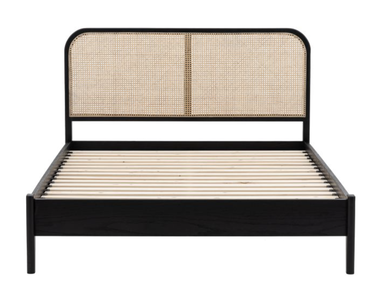 Dramatic statement style sure to become a modern classic. The solid black stand oak frame combines comfort and style ease, with curved corner headboard featuring a woven rattan panel creating a stunning stand out contrast of colours and materials. Av