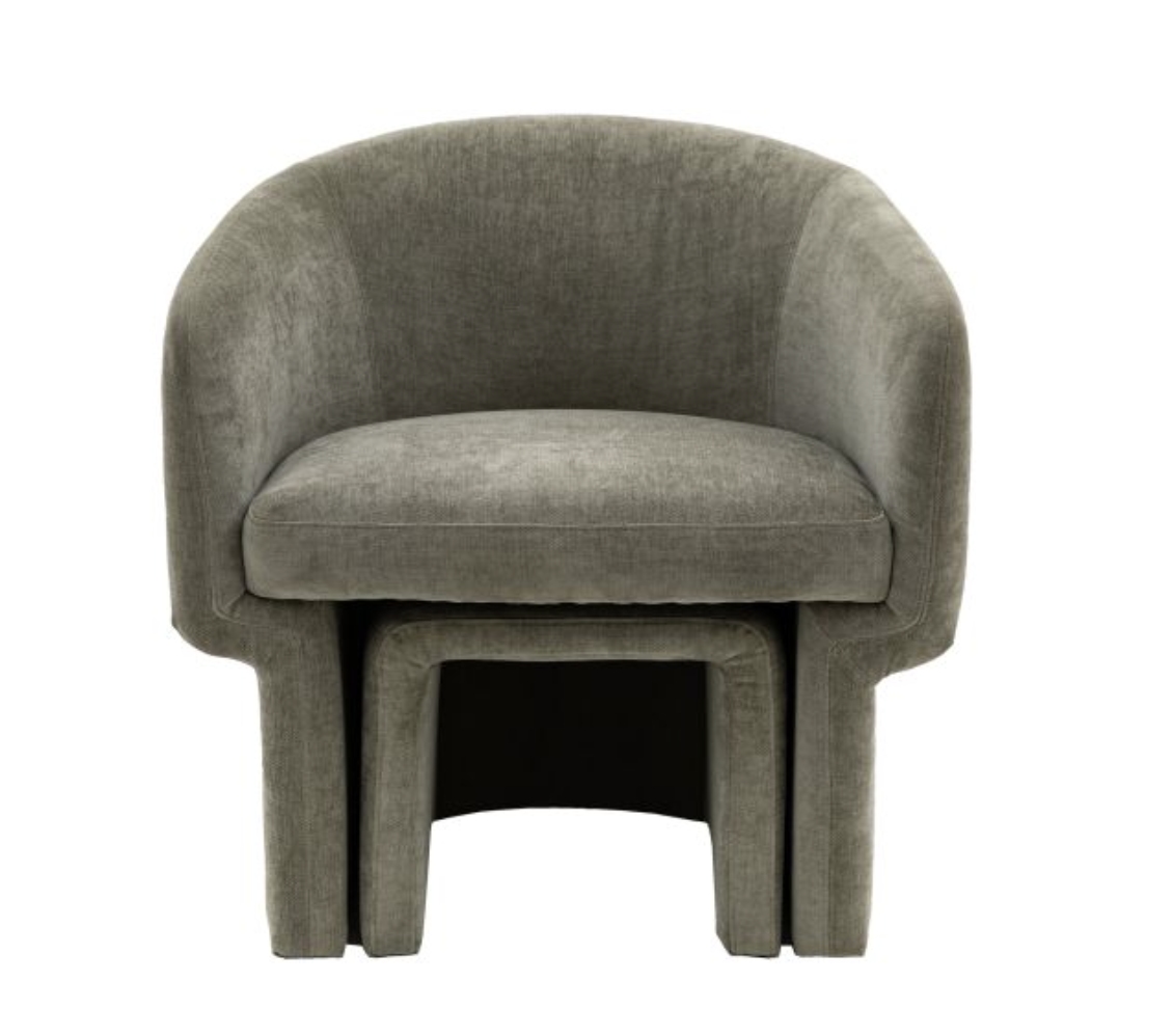 Inspired by retro design this armchair is a stand out addition to any room. Upholstered in sage the smooth curved back narrows down to a curved back base with double stepped feature at the front, the vintage influence is clear, making it the perfect