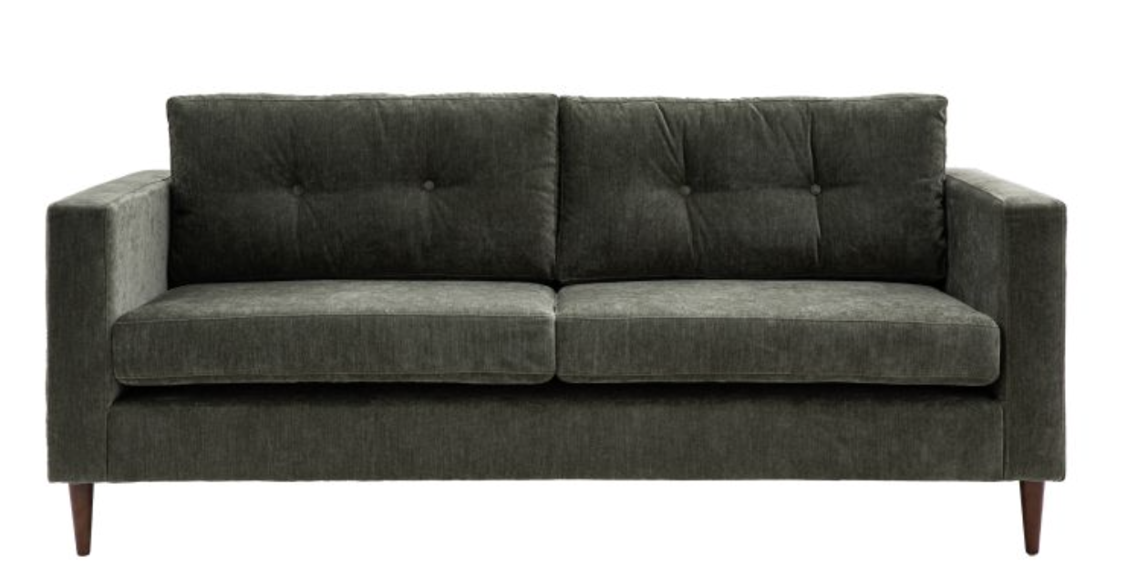 This lovely sofa features sleek lines with block arms and button detailing on the back paired with elegant tapered wooden feet, offering stylish contemporary design. It is upholstered in a lovely green fabric but is also available in grey and natural