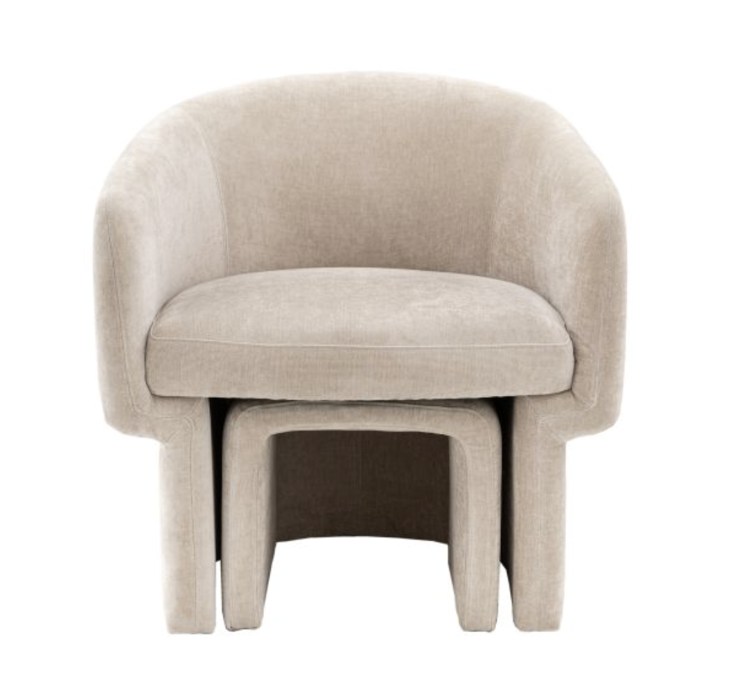 Inspired by retro design this armchair is a stand out addition to any room. Upholstered in cream the smooth curved back narrows down to a curved back base with double stepped feature at the front, the vintage influence is clear, making it the perfect