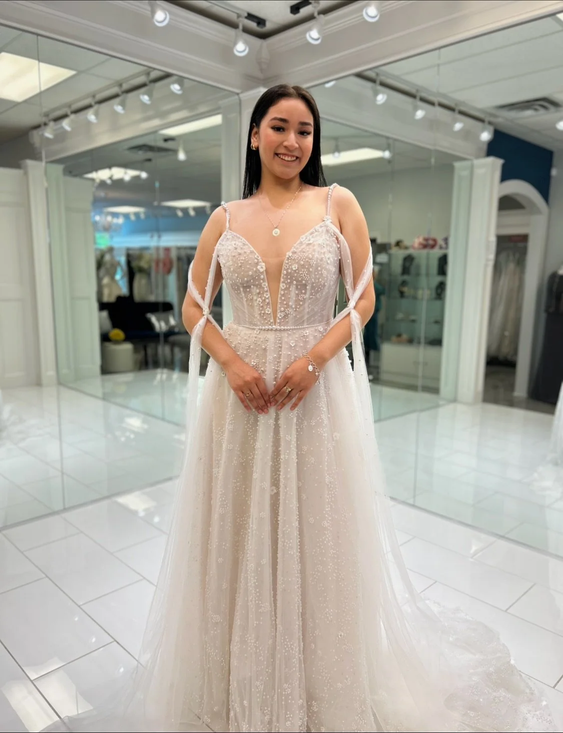 Serving modern day goddess with this gorgeous A-line 👑✨ From the dreamy billowing sleeves to the beaded bodice that sparkles from every angle, this gown is all about ethereal, romantic, and oh so magical 😇
.
.
.
#nataliesbridalsbybb #weddingdress #