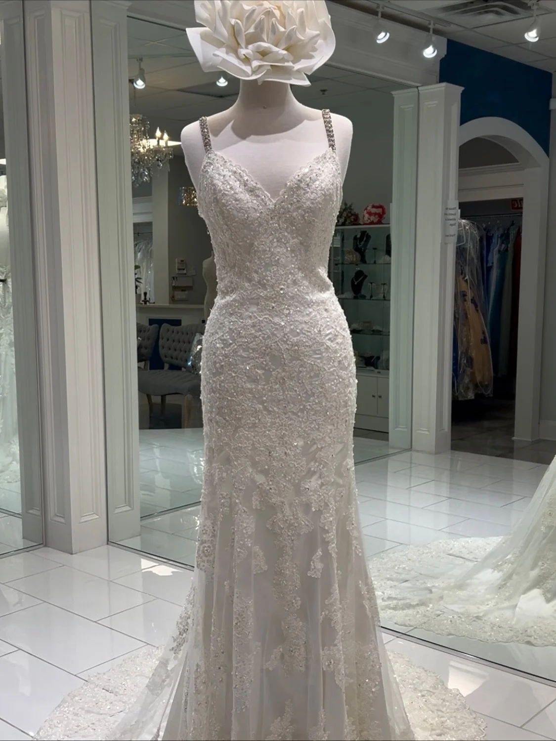 This gorgeous sheath has sparkly straps &amp; the prettiest lace&hellip; what more can a girl ask for ☺️😍 It&rsquo;s giving romantic with a side of extra! On sale for limited time! 💖
.
.
.
#nataliesbridalsbybb #weddingdress #weddingday #weddings #b