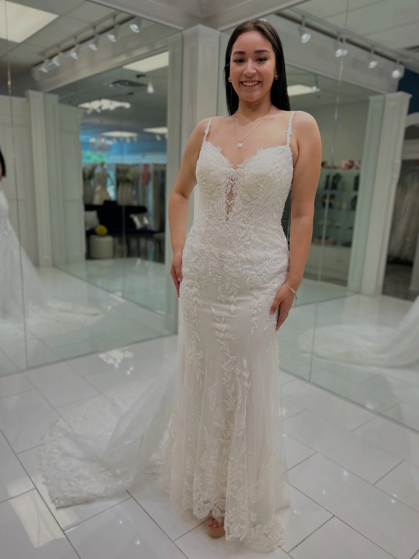 This wedding dress is giving us all the feels with the delicate Chantilly lace &amp; shimmer ✨💕 Perfect for the brides who wants that romantic look! 
.
.
.
#nataliesbridalsbybb #weddingdress #bride #lace #bridalboutique