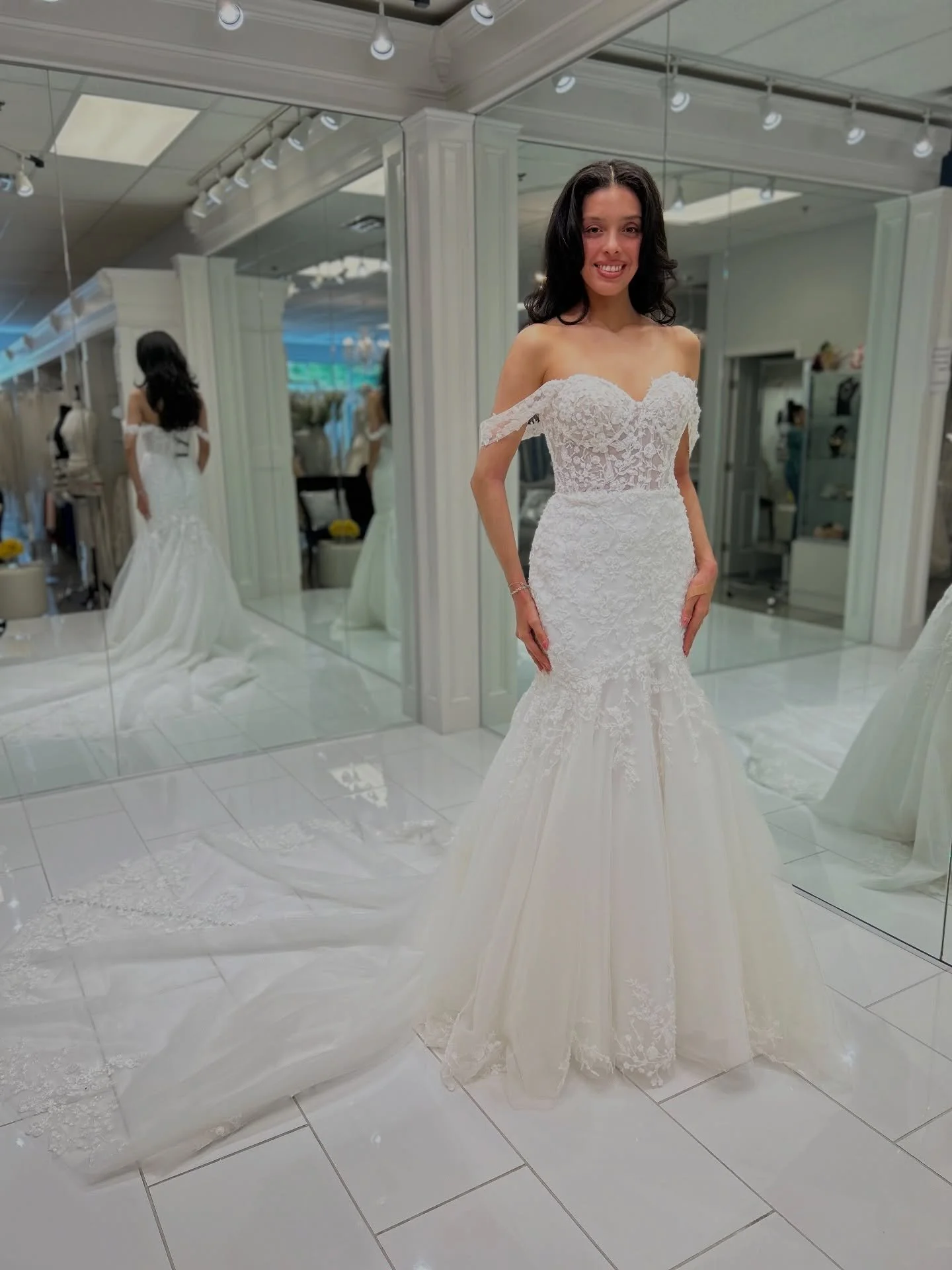 Off the shoulder romance, sweetheart neckline, and just the right amount of sparkle 💖 This fit &amp; flare beauty was made to hug in all the right places ☺️
.
.
.
#nataliesbridalsbybb #weddingdress #bride #bridalboutique #bridal