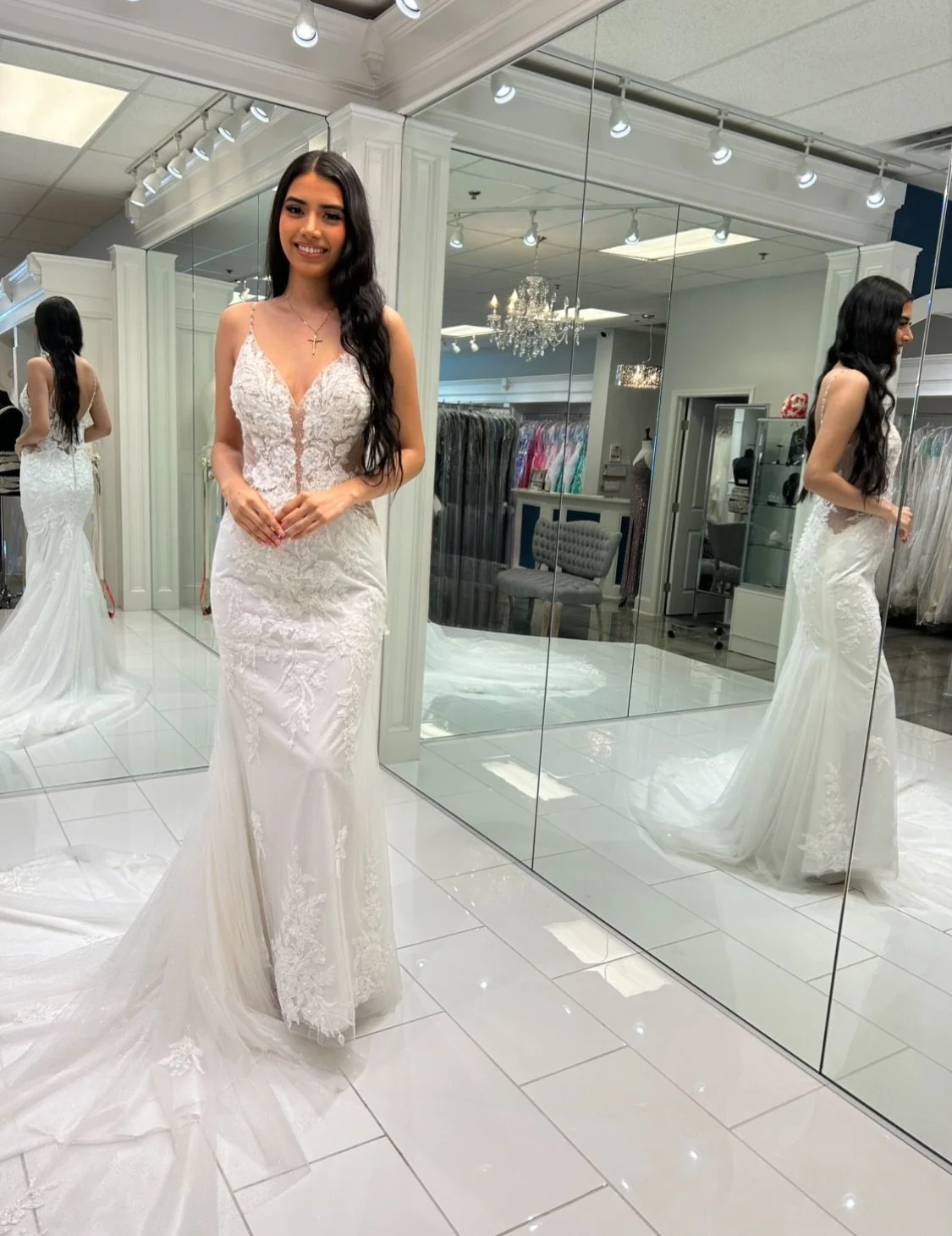Lace, sparkle, illusion.. this fit &amp; flare is doing the most (in the best way) 😉😍 This wedding dress is made for brides who want to shine from the aisle to the dance floor 😊
.
.
.
#nataliesbridalsbybb #weddingdress #bride #wedding #bridalbouti