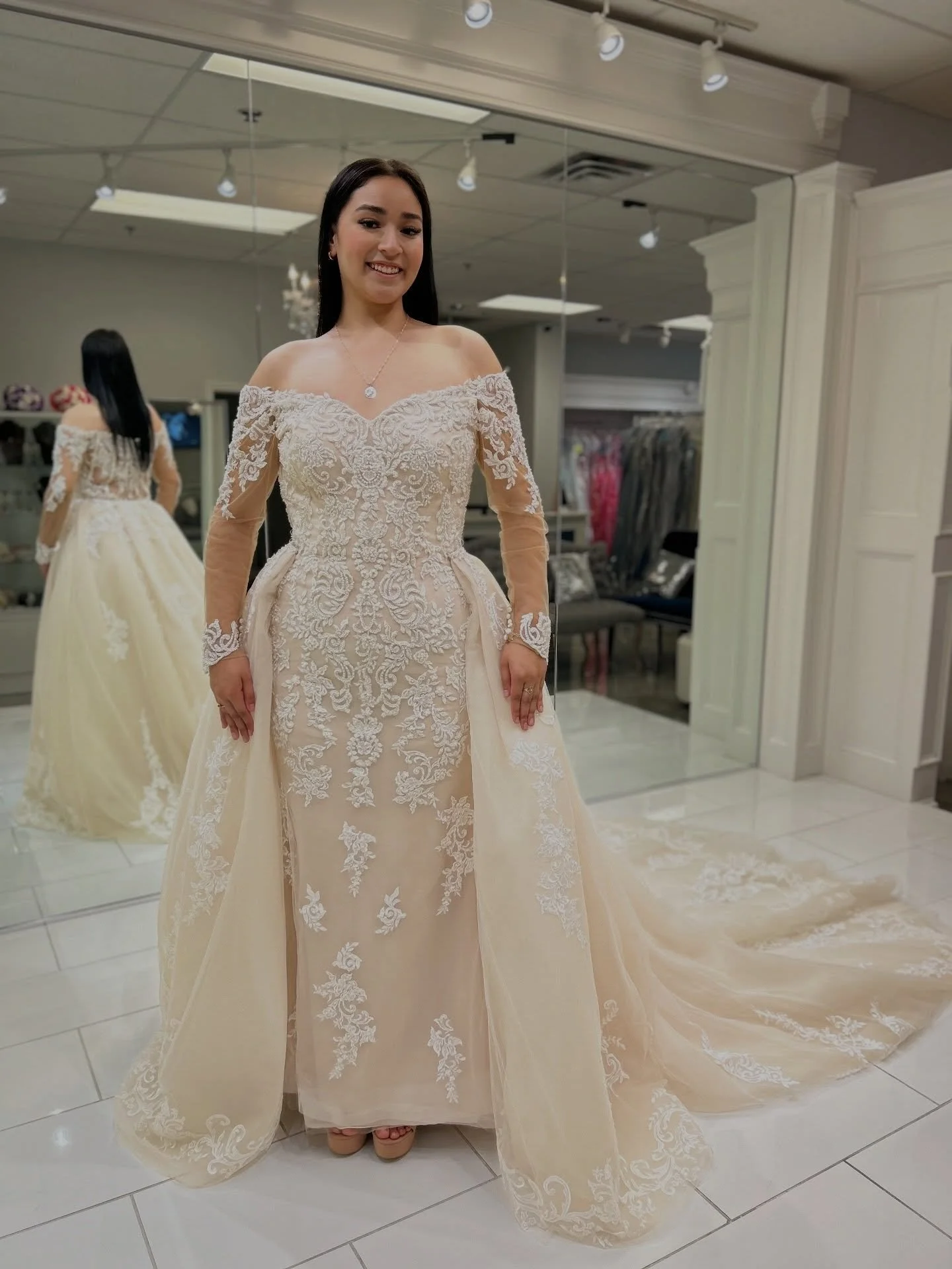 This off the shoulder beauty is giving timeless romance with luxe Alencon lace, dreamy long sleeves, and a stunning sheer corset back 🤍 And that detachable train? Pure beauty 🥰
.
.
.
#nataliesbridalsbybb #weddingdress #bride #weddingdressinspiratio