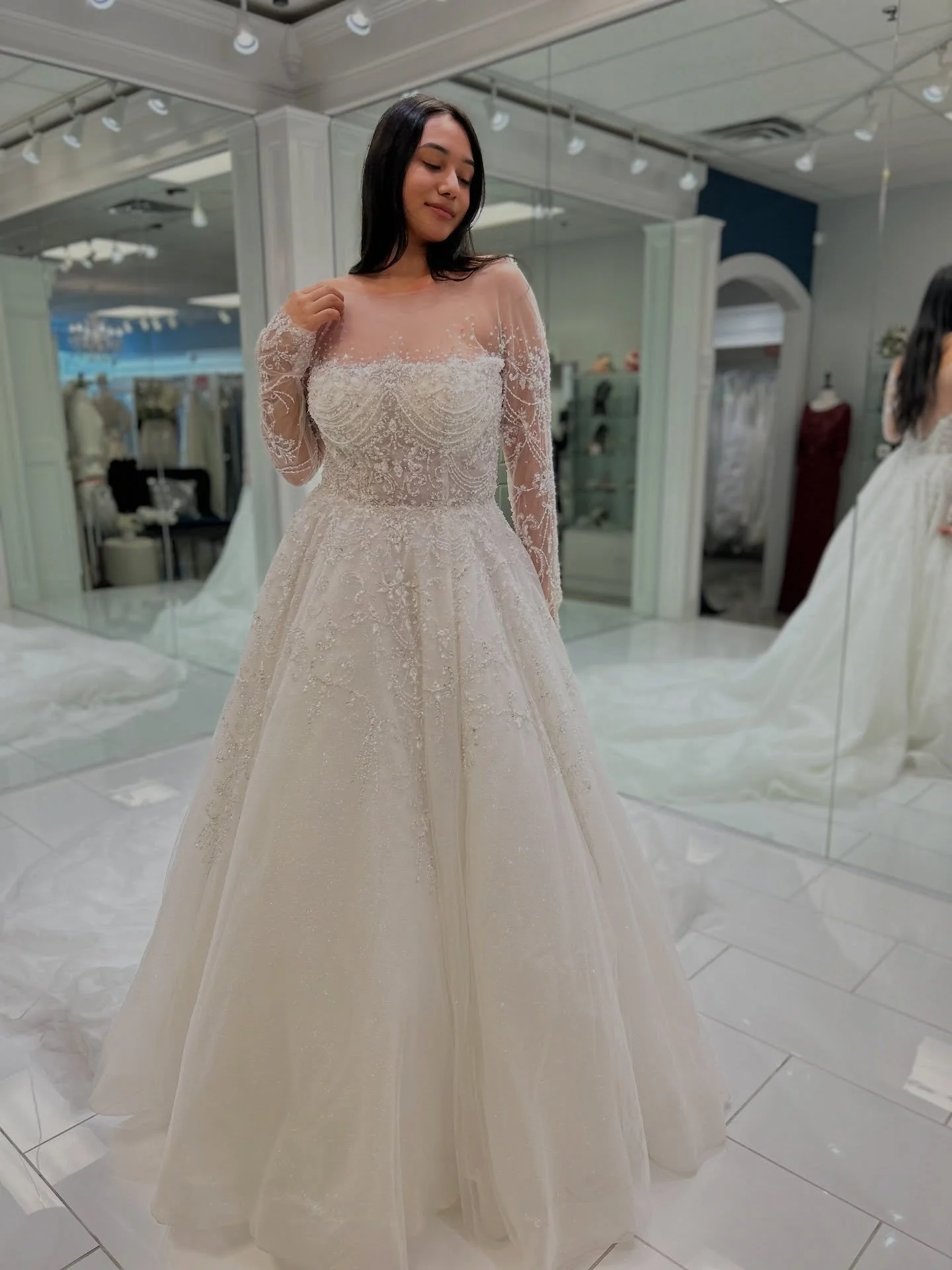 This sparkling ball gown, with pearls and crystal details, and illusion bodice was made for the bride who wants her moment to feel straight out of a fairytale 🥰👑 The only question left is.. are you ready to say yes ☺️? 
.
.
.
#nataliesbridalsbybb #