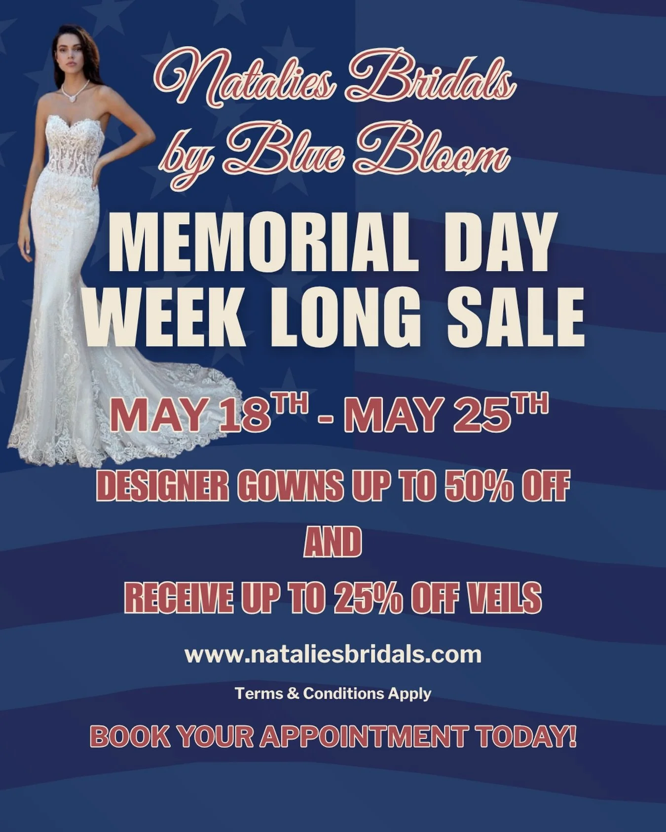 From May 18th - May 25th, find your dream dress for less during our week long bridal sale! ❤️🤍💙
Designers gowns up to 50% off &amp; veils up to 25% off
This is the perfect time to shop your bridal look at an incredible price! Appointments are filli