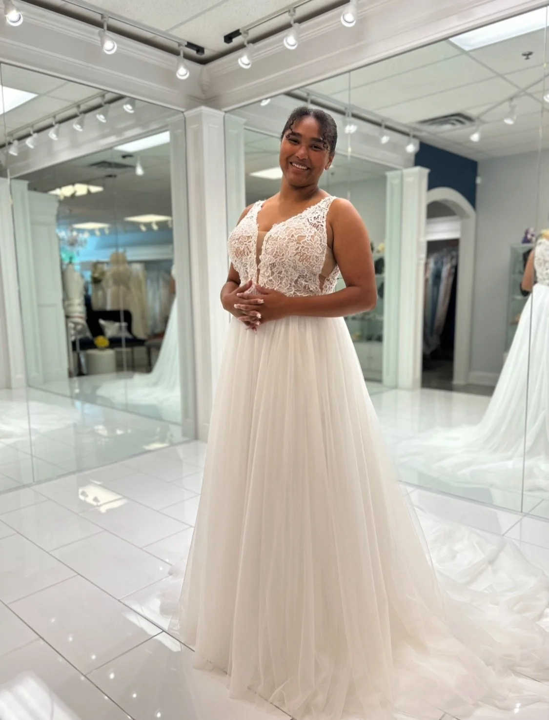 This stunning A-line dress features crystal beaded lace, a flattering V neckline, and layers of soft tulle that move beautifully with every step 😍💕 Ready to find your dream gown? Book your appointment with us today! 
.
.
.
#nataliesbridalsbybb #wed