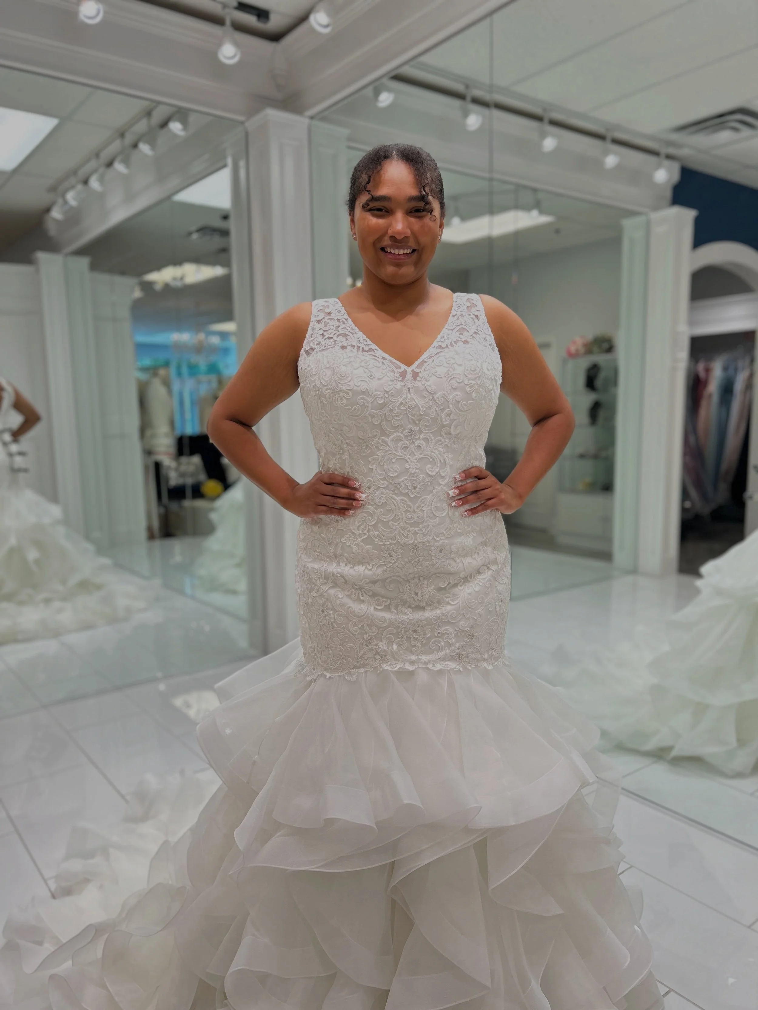 Proof that one dress can really have it all 😉🤍 Romantic frosted Alencon lace, figure flattering mermaid style, and a dramatic flounced organza skirt that was made for unforgettable entrances.. safe to say she&rsquo;s a showstopper 🤩 Book your appo