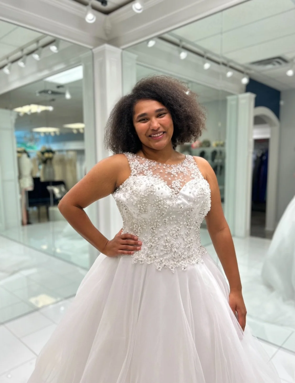 This stunning beaded white ball gown features a beautifully detailed front bodice and neckline paired with a flowy &amp; freaky tulle skirt 😍✨ Could you see yourself say I do in this beauty 😇?
.
.
.
#nataliesbridalsbybb #weddingdress #bridalboutiqu