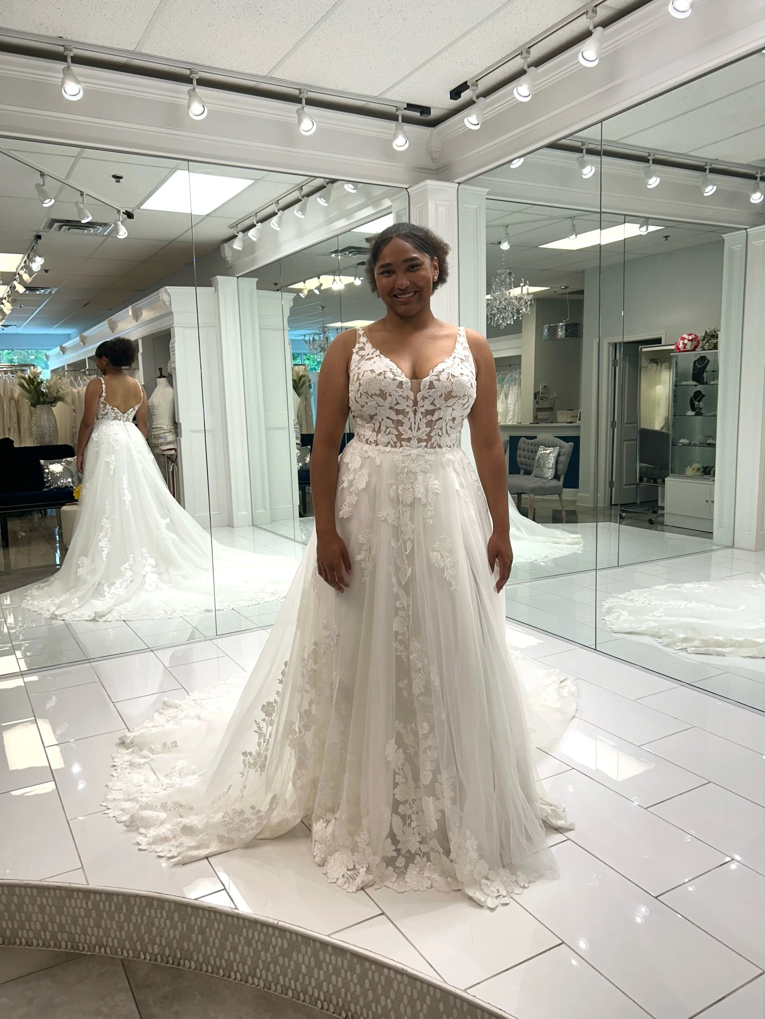 Romantic A-line gown with delicate floral appliqu&eacute;s with a touch a shimmer ✨ Perfect for the bride who wants to embody a captivating and ethereal look 💖
.
.
.
#nataliesbridalsbybb #weddingdress #aline #bridalboutique #bridetobe