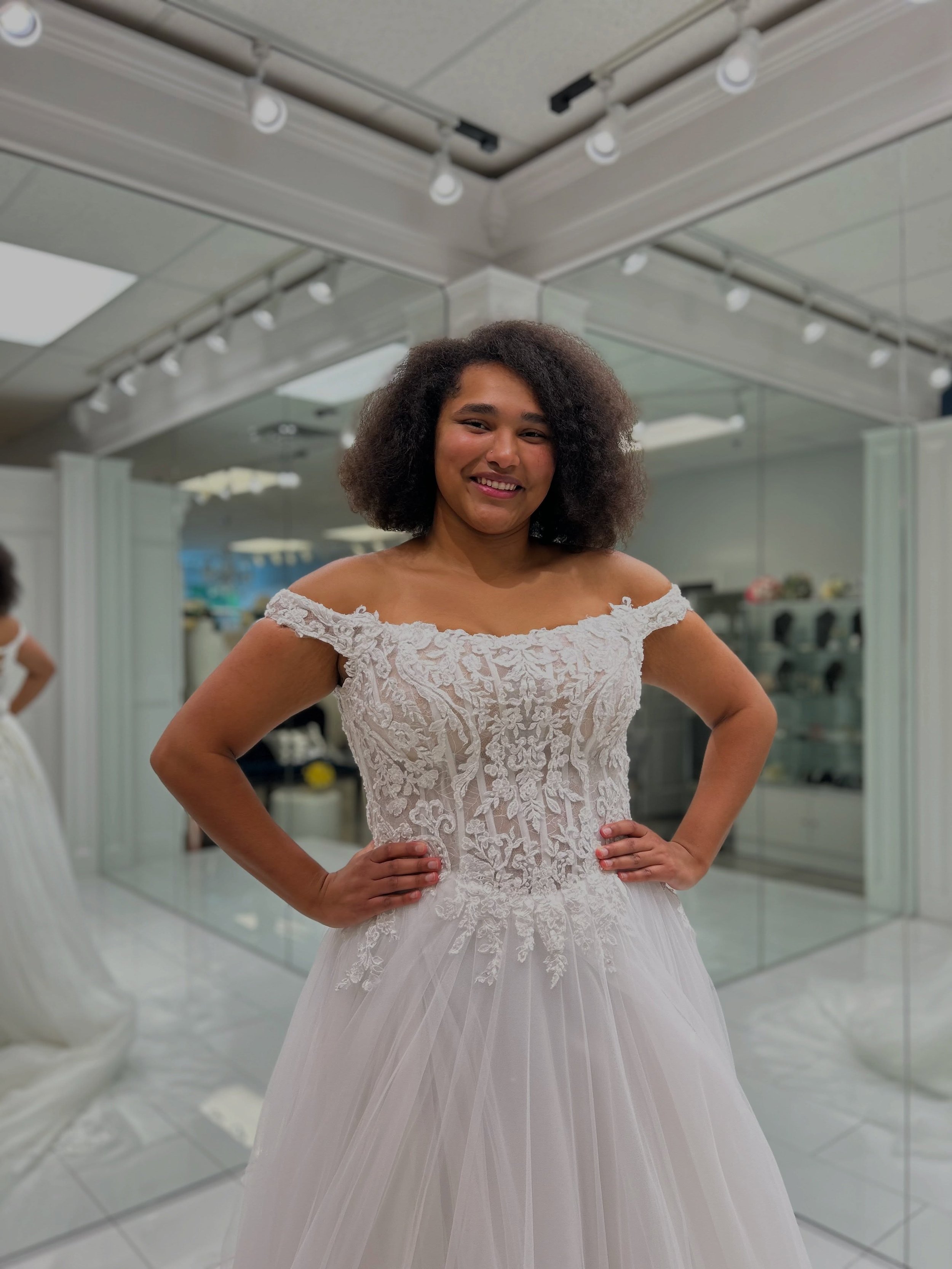 This dreamy A-line brings all the romance with its Chantilly lace corset, crystal beaded lace appliqu&eacute;s, flowy tulle skirt, and a gorgeous lace trimmed train 🥰🤍 If &ldquo;walking into your fairytale&rdquo; were a wedding dress, this would be