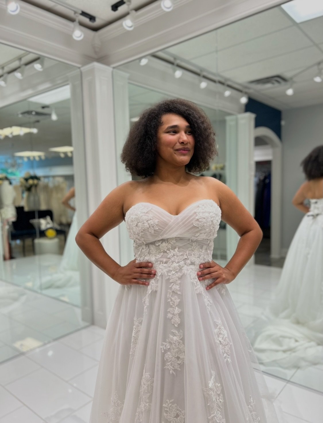Dreamy soft tulle, sparkling lace appliqu&eacute;s, draped sweetheart neckline, and a chapel length train that was made for that magical walk down the aisle 😇✨ Could you see yourself saying I do in this beauty? ☺️ Boom your appointment today &amp; c