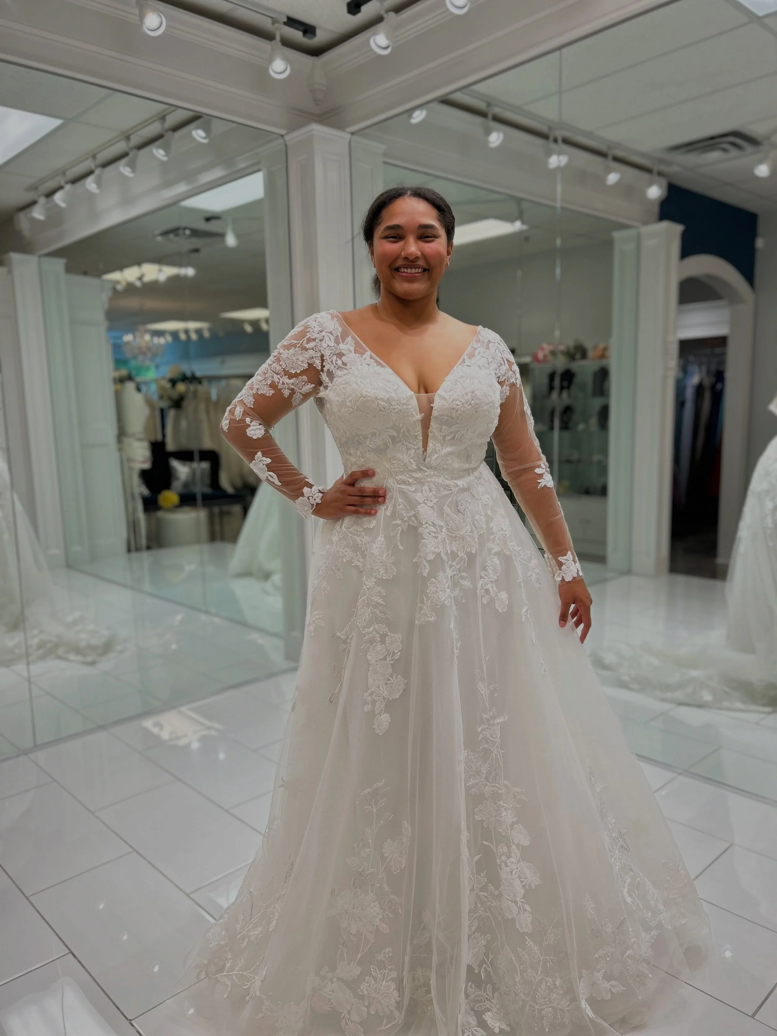 Delicate floral lace, romantic long sleeves, and effortlessly dreamy A-line silhouette 💕 This gown was made for a winter bride ❄️🤍 Come try on this beauty at Natalie&rsquo;s Bridals! 
.
.
.
#nataliesbridalsbybb #weddingdress #bridalboutique #weddin