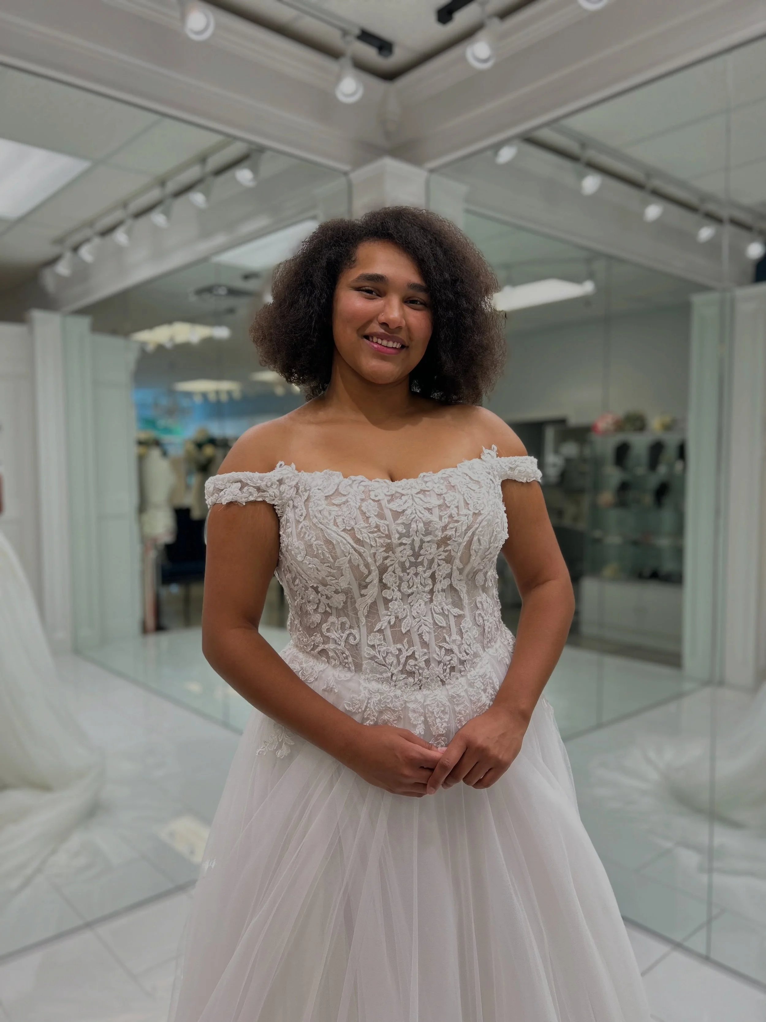 This dreamy ball gown is covered in the prettiest details 💕 From Chantilly lace, see through corset bodice, crystal beaded appliqu&eacute;s, and airy tulle skirt with a lace trimmed train 🥰 Could you see yourself walking down the aisle in this beau