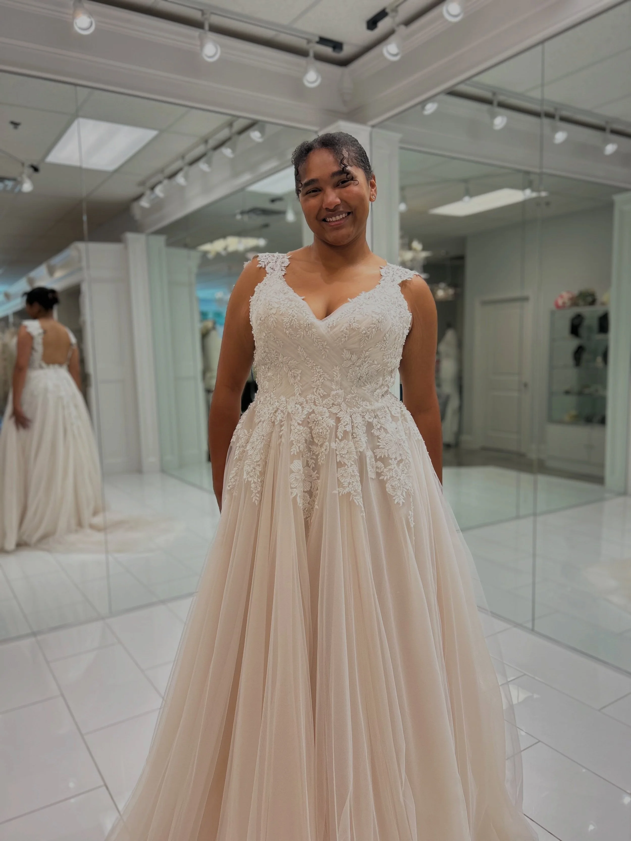 This A-line beauty features crossover ruching, delicate lace capped sleeves, and beaded lace that deserves its own moment 😍 The real magic happens when you first put on your dream dress ✨ Think this could be your dress? Visit us at Natalie&rsquo;s B