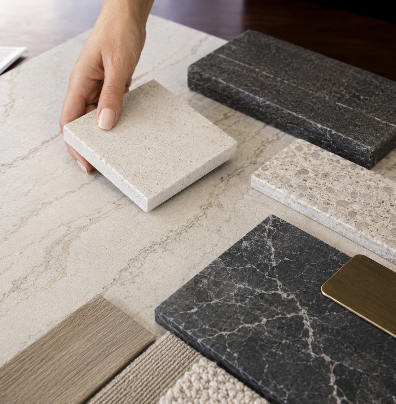 A person is holding a white tile at a workspace with various tile samples, a plant branch, and a newspaper for reference.