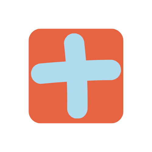 A light blue plus sign on a rounded square red background.