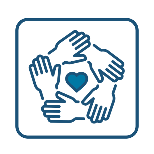 Five hands forming a circle around a heart inside a square border.