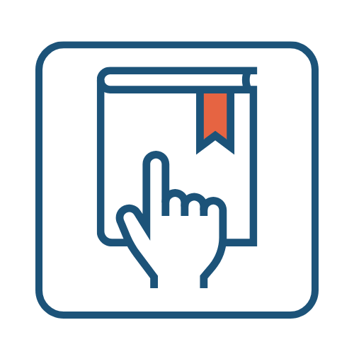 Icon of a hand clicking on a book with a bookmark.