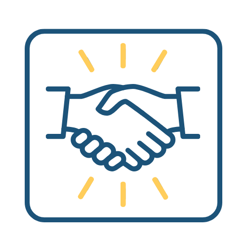 Line drawing of a handshake with rays around it, symbolizing agreement or partnership.