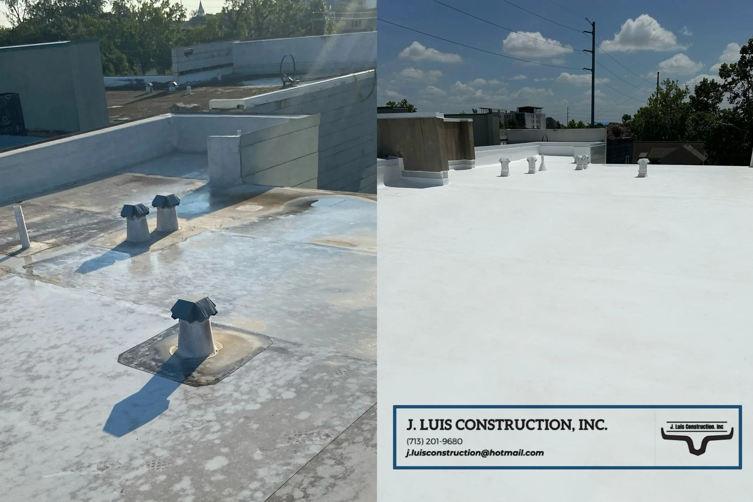 Comparison of a roof before and after resurfacing, with new white roofing material on the right. J. Luis Construction, Inc. contact information included.