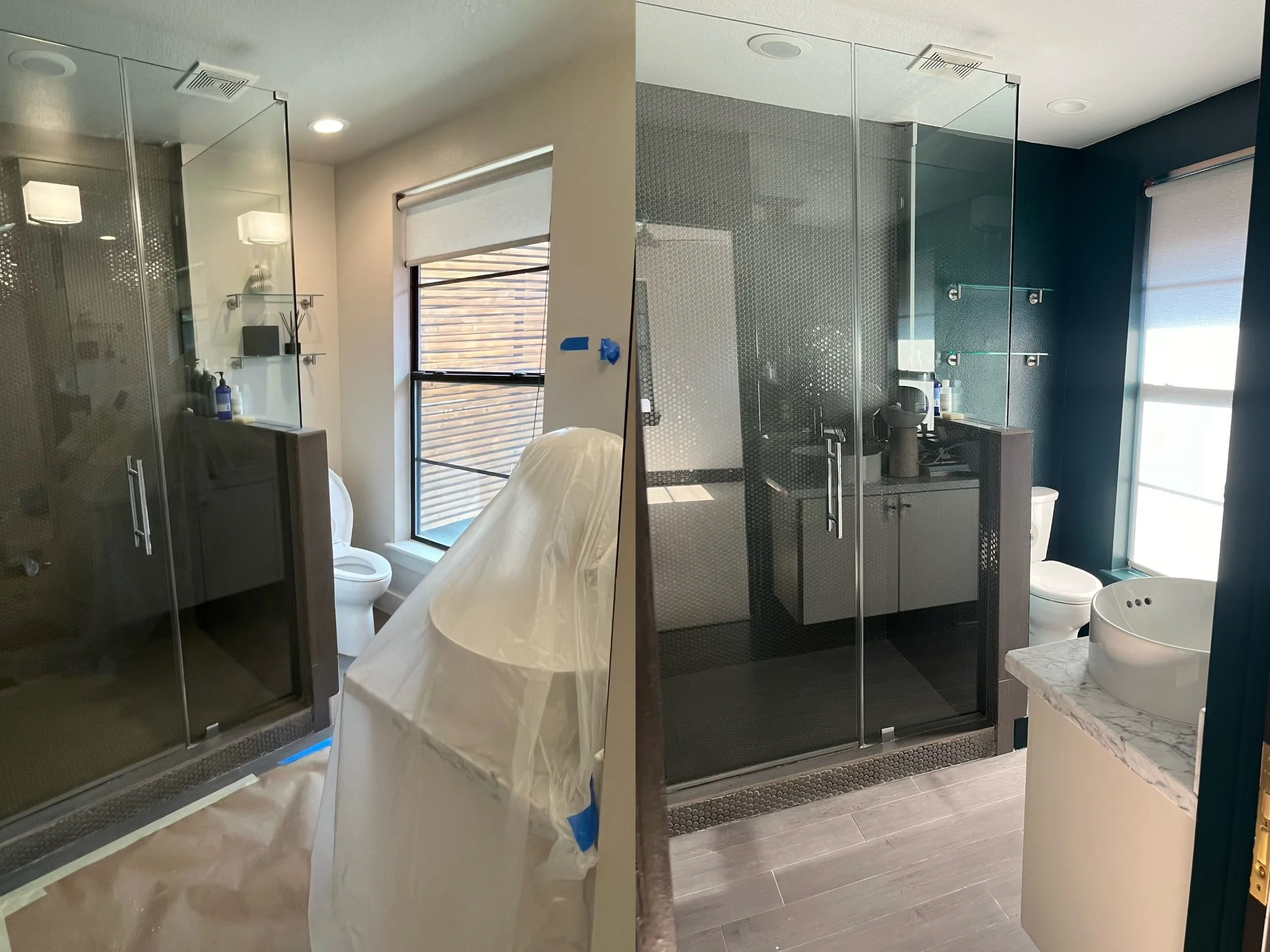 Two images showing a bathroom renovation. Left image: a bathroom with beige walls, a glass-enclosed shower, and a covered toilet. Right image: same bathroom with dark teal walls, the same shower, and white sink under improved lighting.