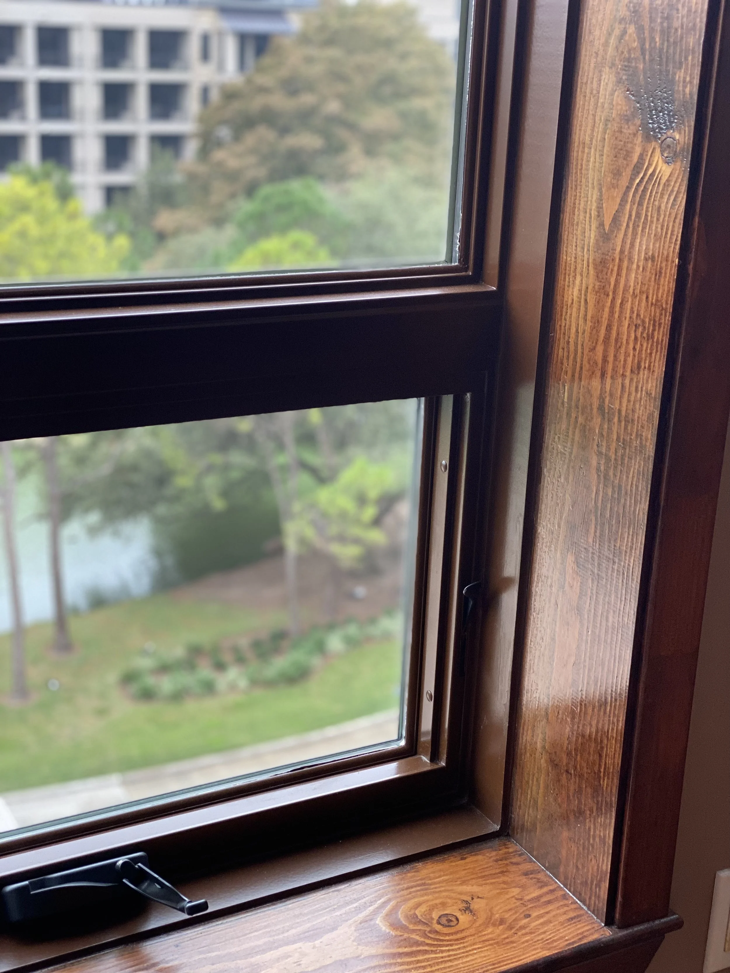 View through a wooden-framed window overlooking a garden and a multi-story building in the background.