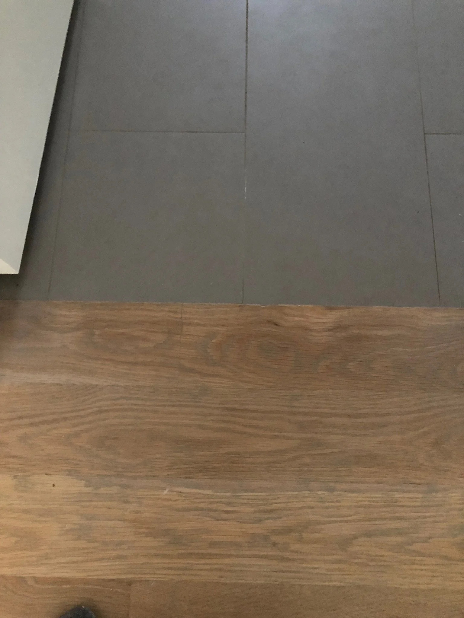 Transition between dark gray tiles and light wood flooring