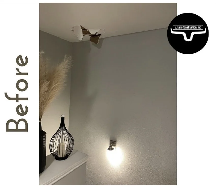 Room with damaged ceiling, decorative vase, and wall light, labeled "Before."