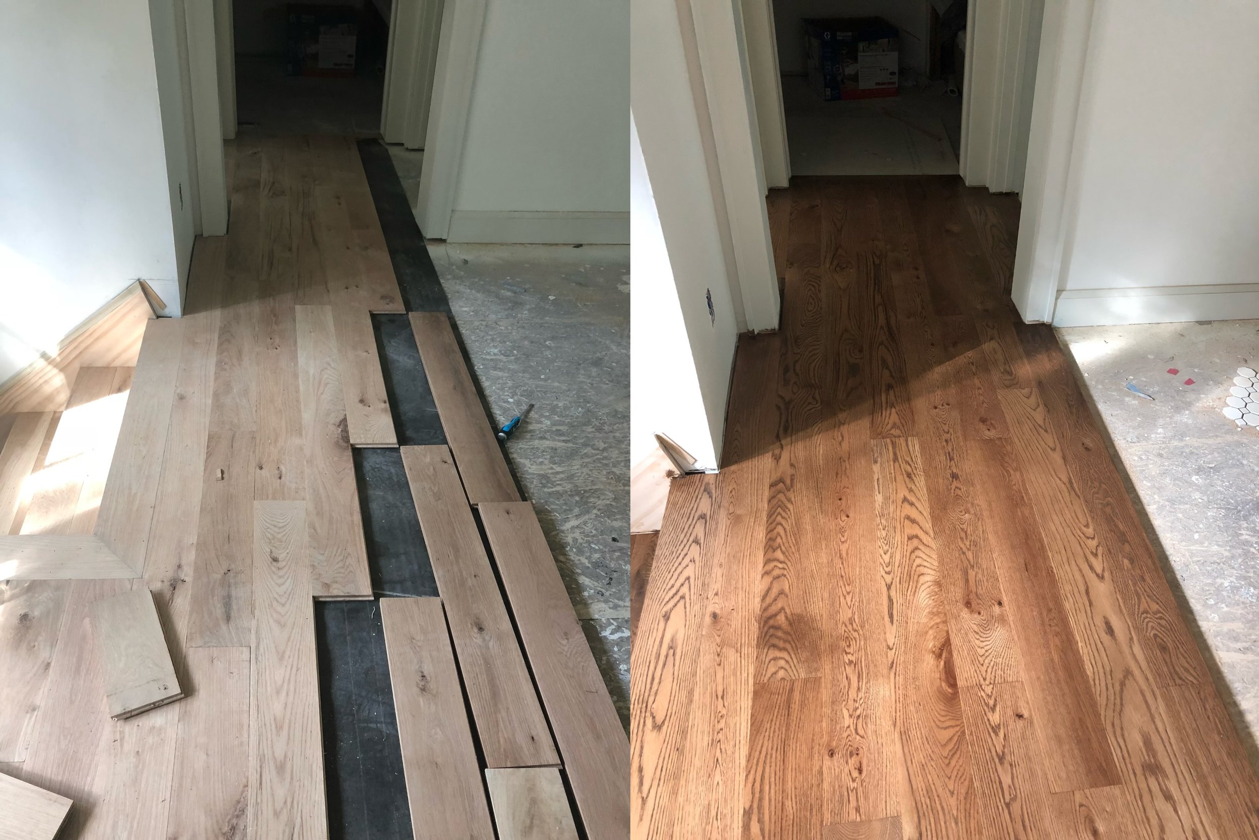 Side-by-side images showing hardwood floor installation. The left image displays unfinished light wood planks being installed, while the right image shows the completed floor with darker, finished wood planks.