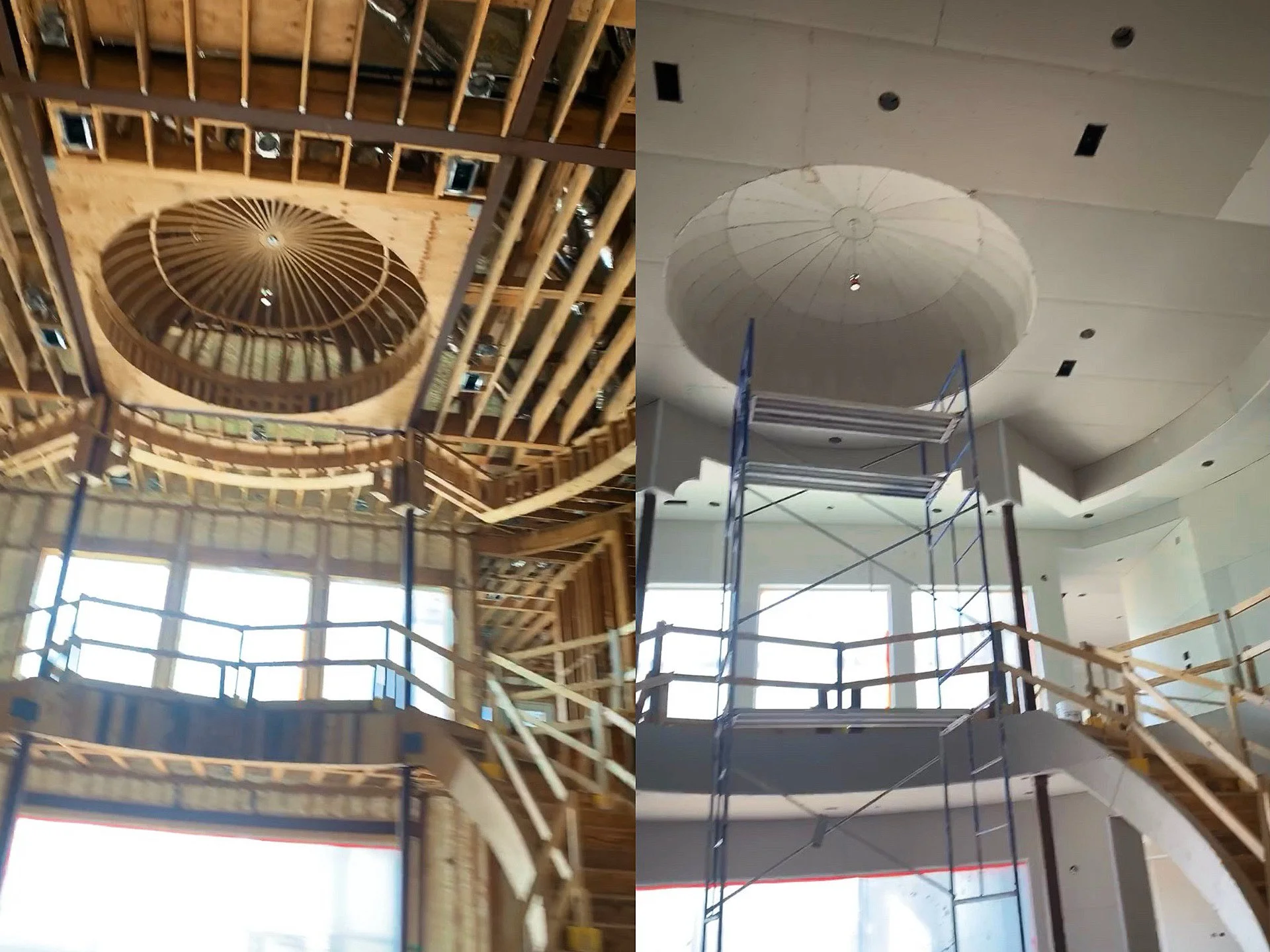 Construction and renovation of a large interior space with round architectural ceiling feature, showing framing and scaffolding.