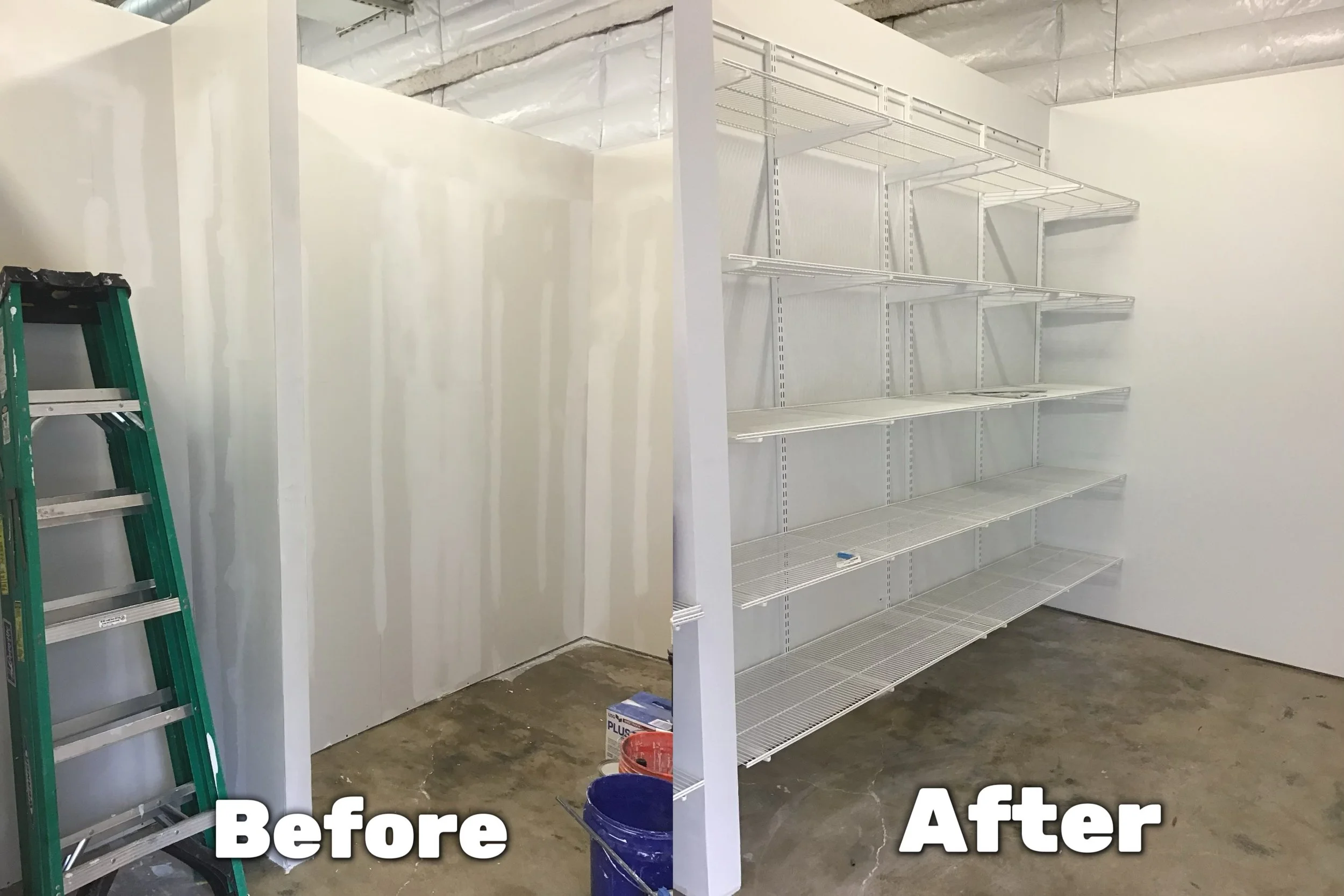 Before and after image of a storage room. The left side shows an empty corner with a green ladder against unpainted drywall. The right side shows the same corner with newly installed white wire shelves.