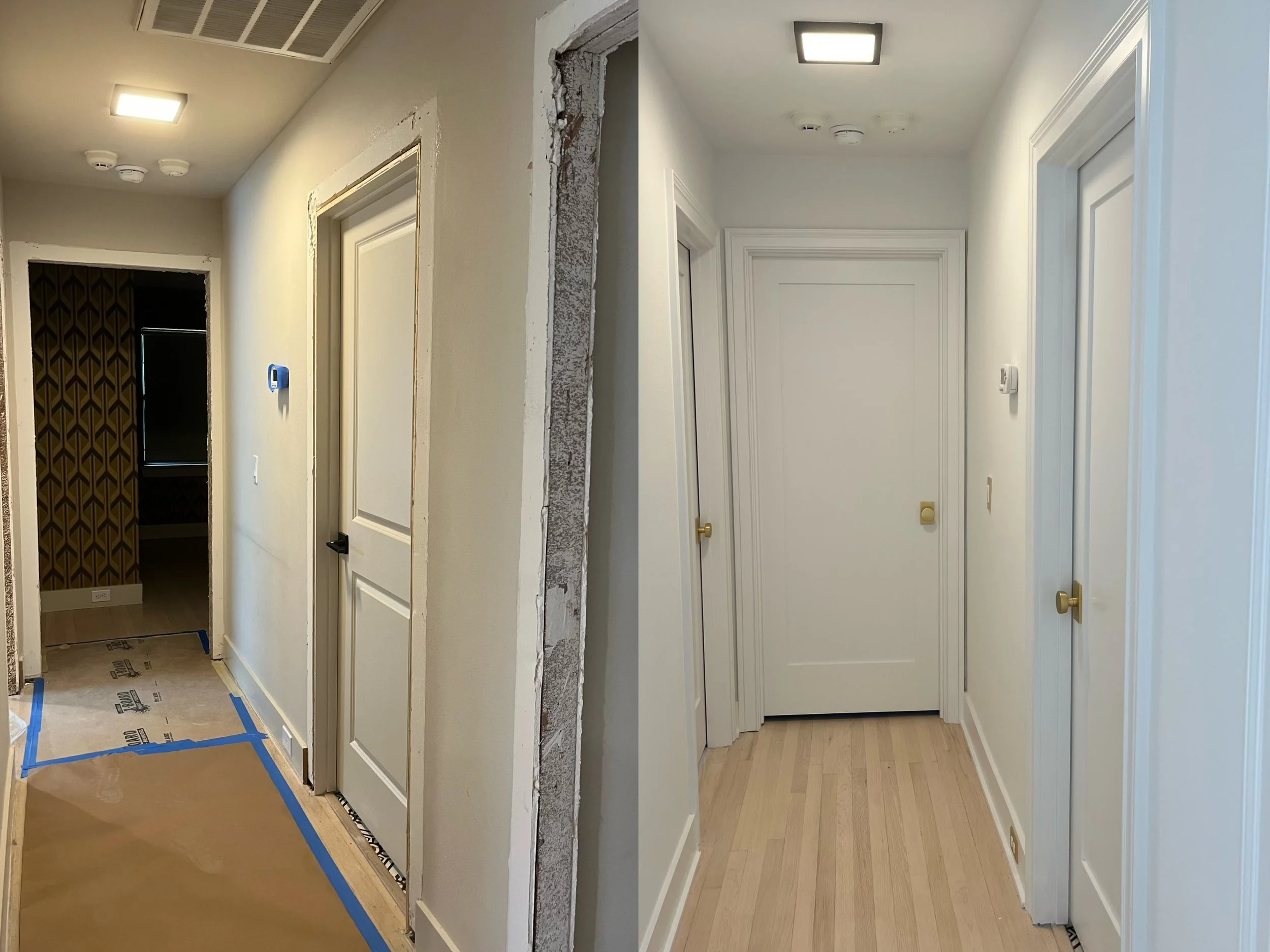 Comparison of hallway renovation, showing a before and after transformation. The left image depicts the hallway undergoing construction, with exposed framing and protective coverings on the floor. The right image shows the completed renovation with f