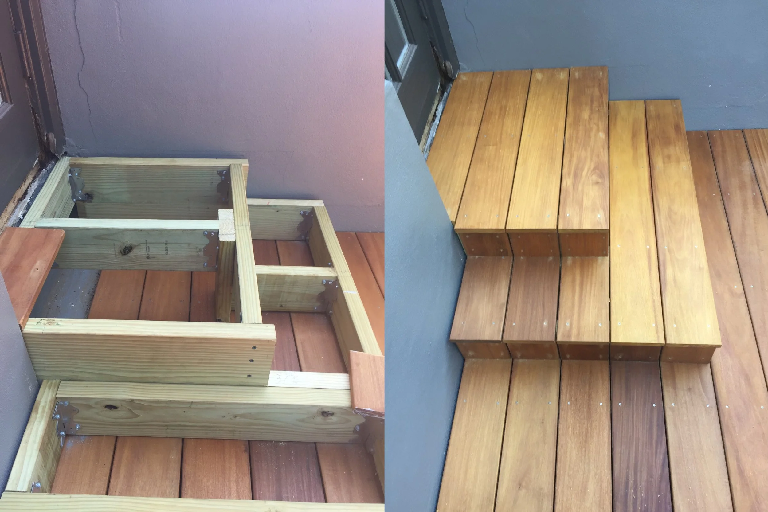 Side-by-side images showing wooden steps under construction and completed, featuring a wood frame on the left and a finished staircase with brown wooden planks on the right.