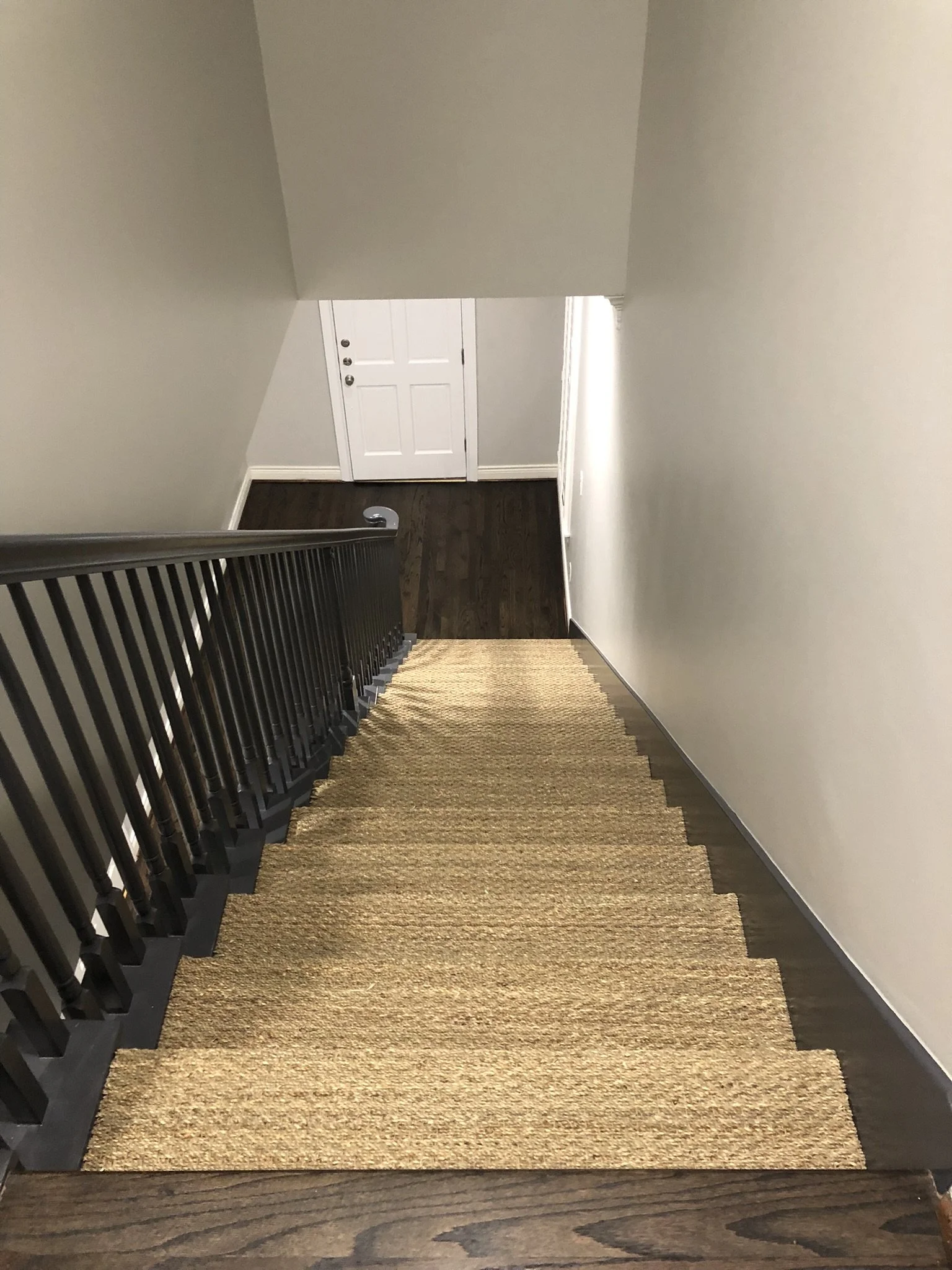 View down a staircase with wooden steps and a beige carpet runner, leading to a white door at the bottom, with dark wooden flooring visible.