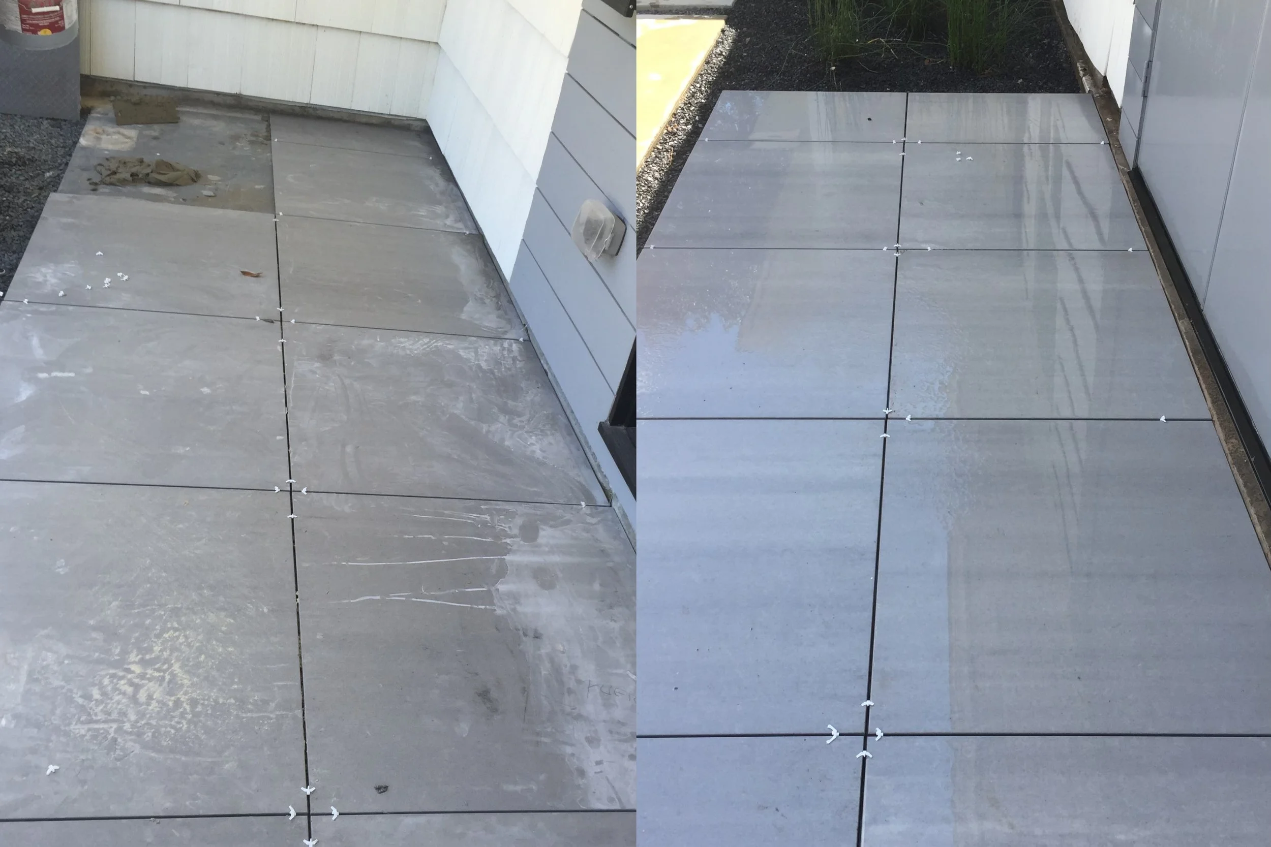 Side-by-side comparison of tiles before and after cleaning; left side shows dirty and dull tiles, right side shows clean and shiny tiles.