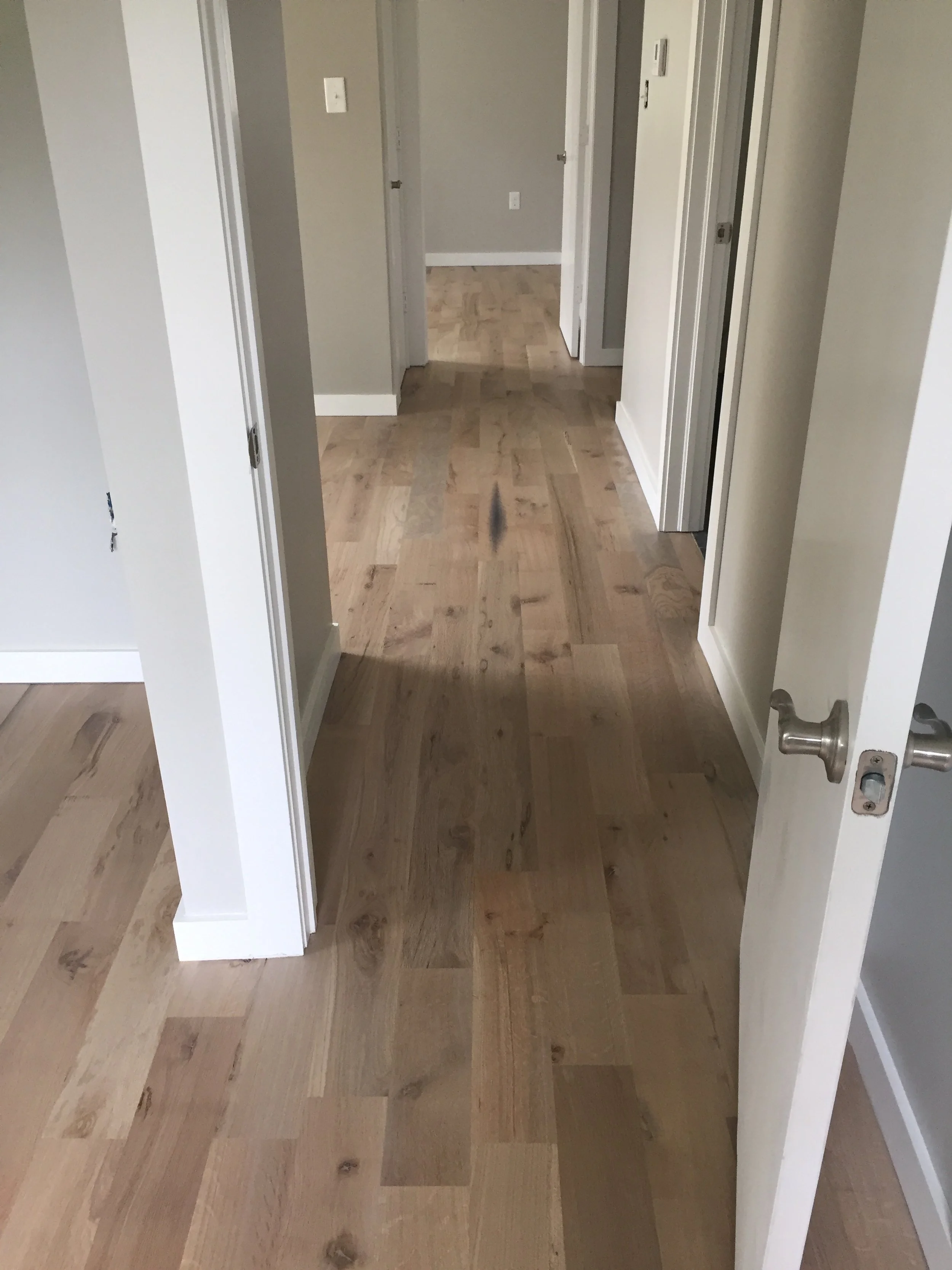 Hallway with light oak hardwood flooring and white doors